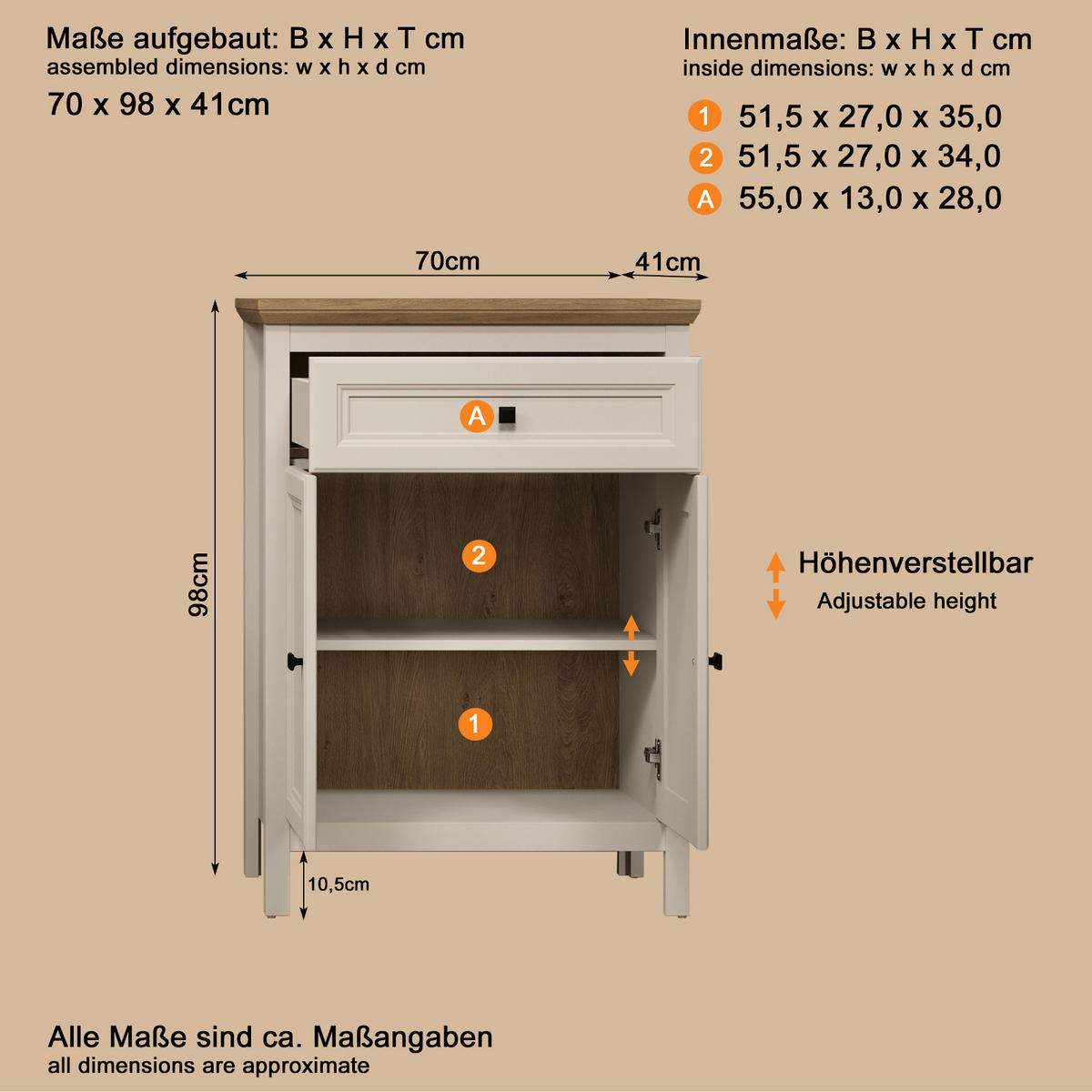 FLURKOMMODE Kaschmir, Stein Eiche Landhaus 70 x 98 cm, Schuhschrank mit Soft-Close - Kaschmir/Eichefarben, Holzwerkstoff/Kunststoff (70/98/41cm) - Top.Furn