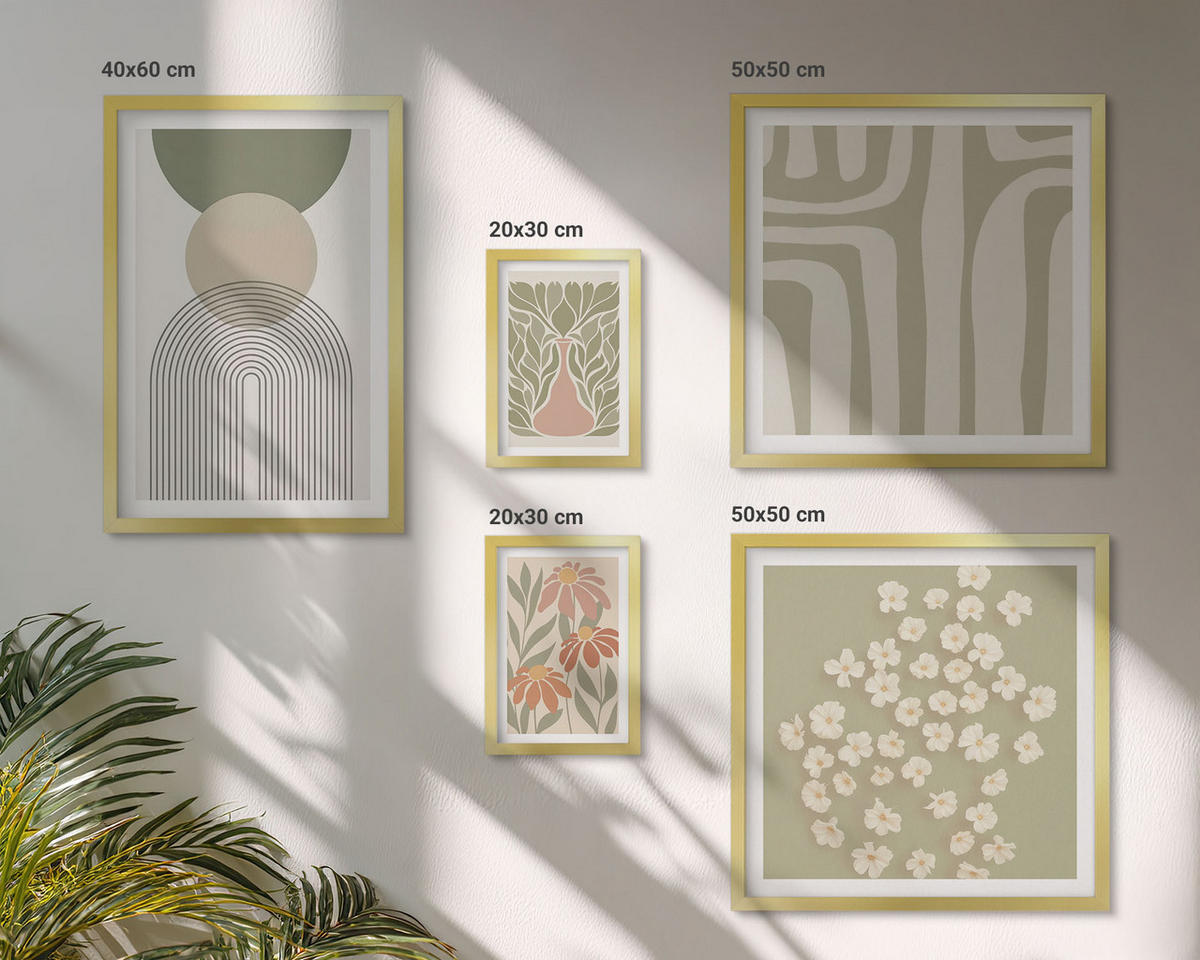 BILDER SET 5er Set - 50x50 cm & 20x30 cm & 40x60 cm Goldrahmen - Floraler minimalistischer Boho-Stil - Goldfarben, Kunststoff (40/60cm) - TULUP
