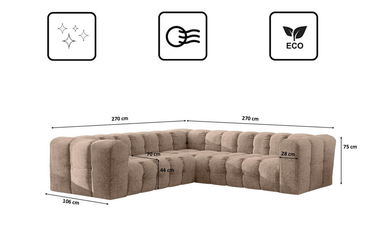 ECKSOFA Corner Mit Steppung BALOO, Chenille-Stoff Arena, Dunkelbeige - Beige, Holz (270/270cm) - Kaiser Möbel