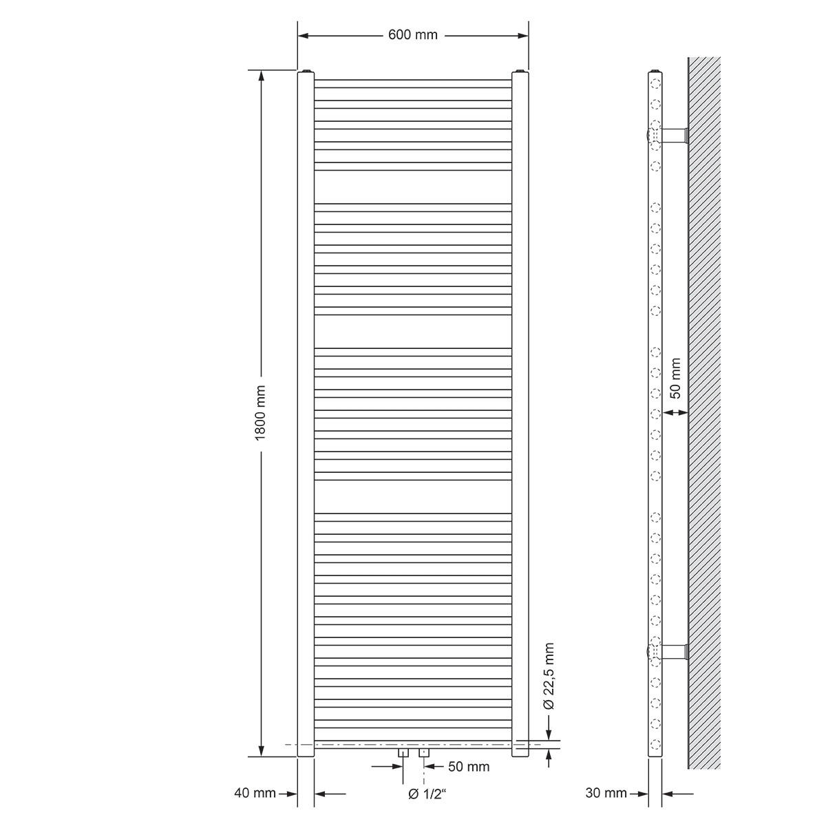 BADHEIZKÖRPER Sahara 600x1800 mm Weiß gerade mit Mittelanschluss - Weiß, Metall (60/180/3cm) - LuxeBath