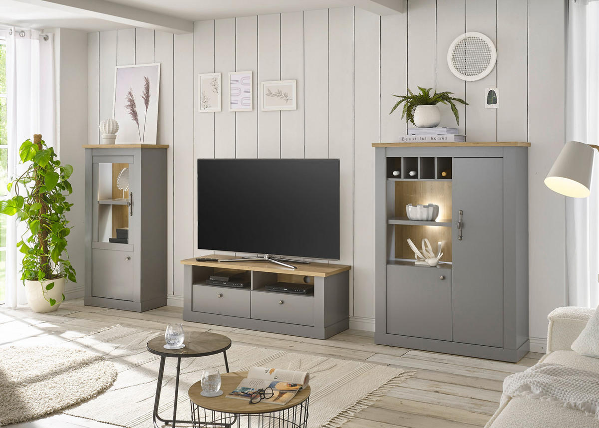 WOHNWAND 3-teilig 323cm grau, Artisan Eiche, Wohnkombination im Landhaus-Stil - Silberfarben/Hellgrau, Holzwerkstoff/Metall (323/142/44cm) - Furn.Design