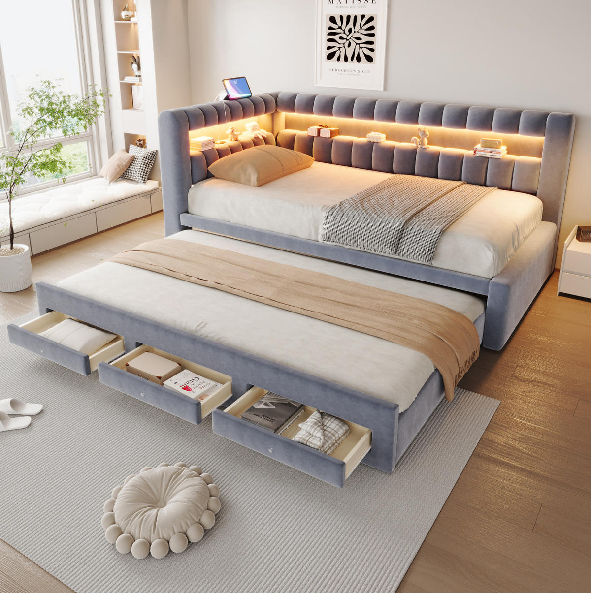 POLSTERBETT Schlafsofa aus Samt 90x190 cm Dunkelgrau mit Ausziehbett, Schubladen, LED und USB-/Typ-C-Anschlüssen - Grau, Textil (90/190cm) - Modfu