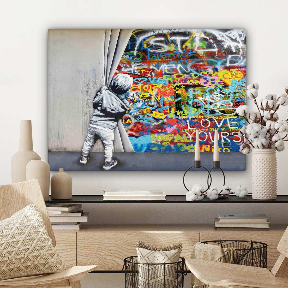 LEINWANDBILD Graffiti - Junge - Ilussie - Straßenkunst Wandbilder 80x60 cm - Hellgrau, Textil (80/60cm) - MuchoWow