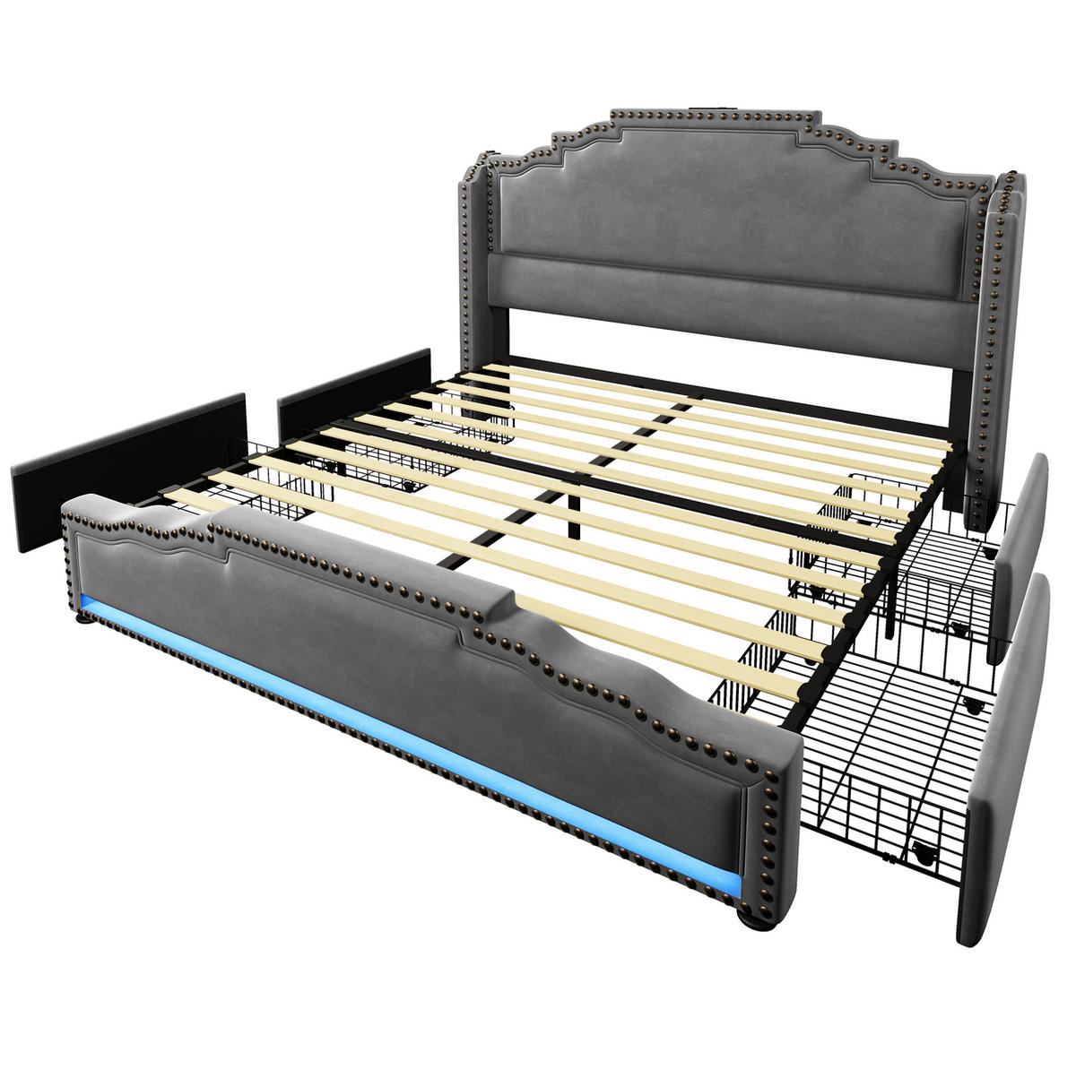 POLSTERBETT mit LED-Beleuchtung 140/200 cm, Samt Grau, 4 Schubladen - Grau, Textil (140/200cm) - BEAOK