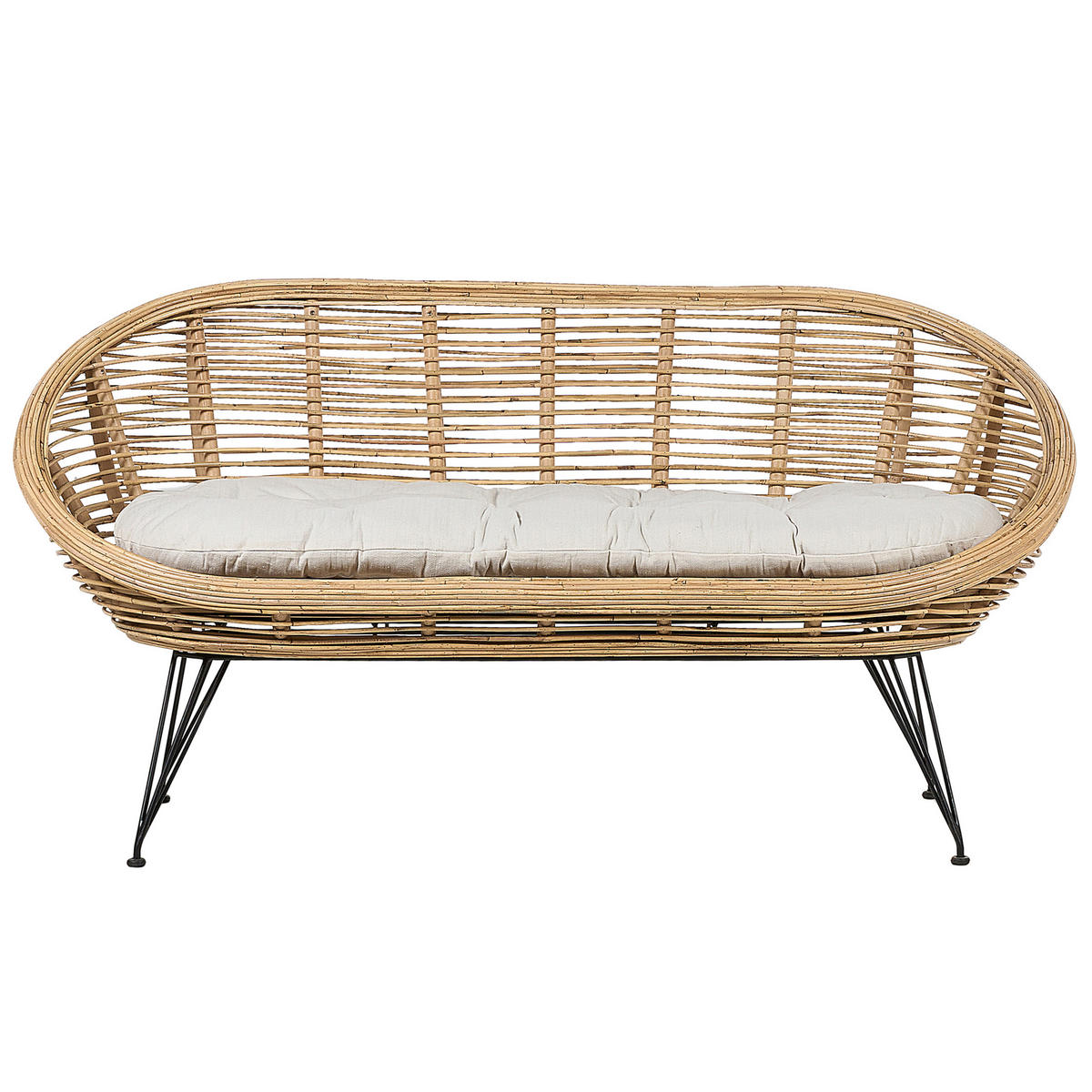 GARTENSOFA 2-Sitzer Rattan natürlich Auflage hellbeige Maratea - Beige/Schwarz, Naturmaterialien (165/87/64cm) - Beliani