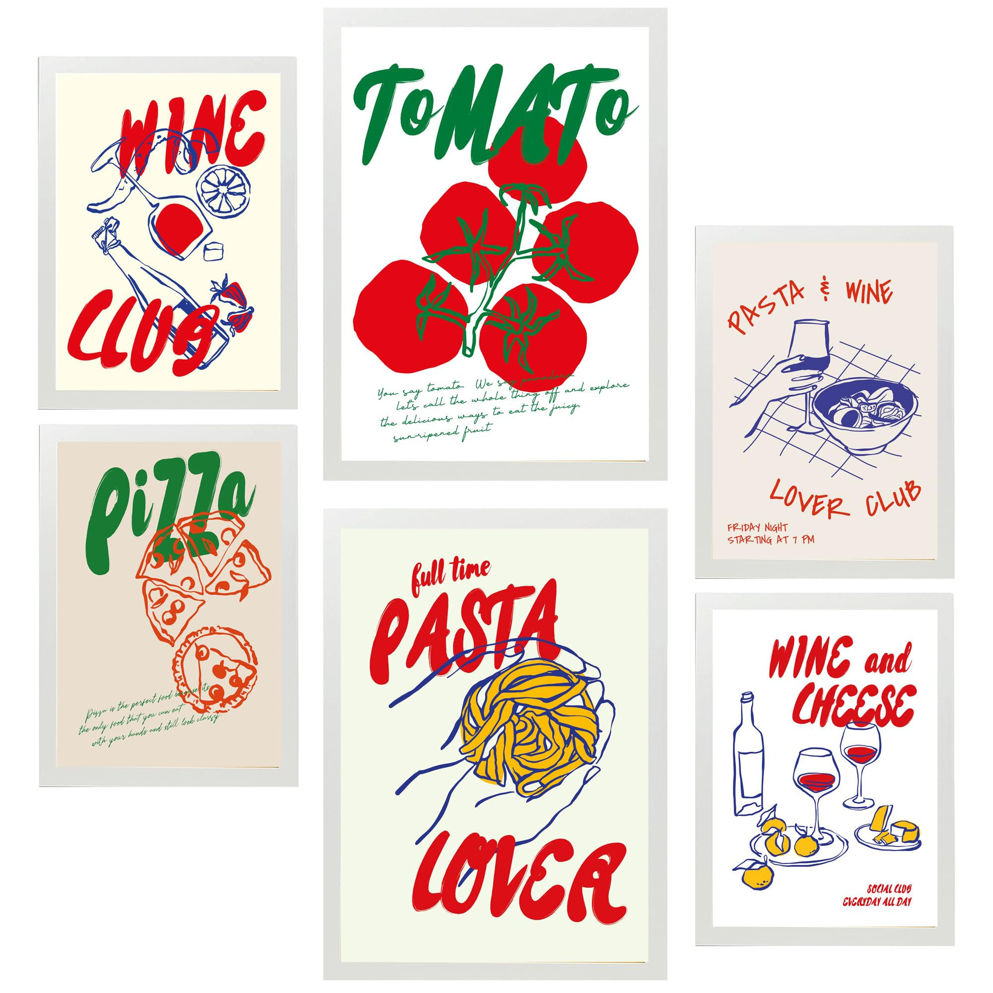 POSTER Set Mit 6 Von Lebensmitteln Im Pop Art Mit Tomaten Nudeln & Pizza A3 & A4 Weißer Rahmen - Weiß, Papier (29/3cm) - Nacnic