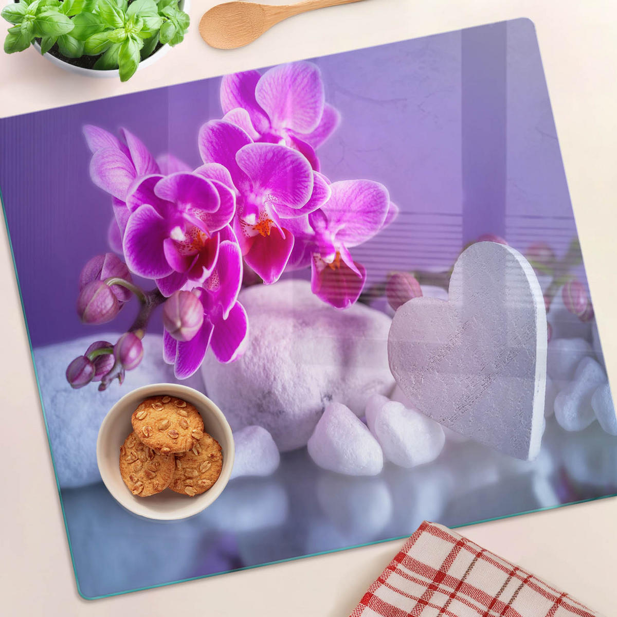 GLASPLATTE 60x52 cm Orchidee und Herz - Pink, Glas (60/0.4/52cm) - TULUP