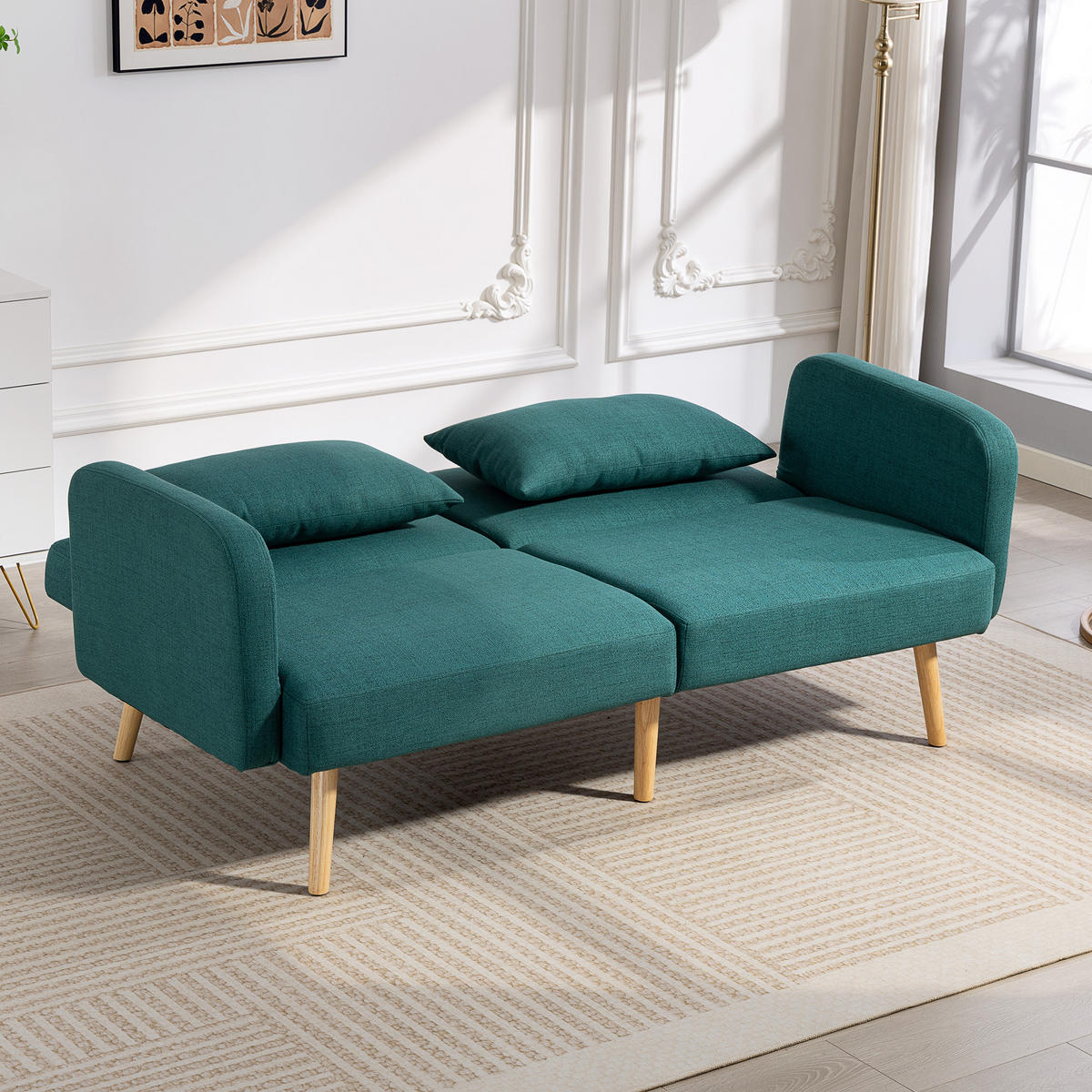 SCHLAFSOFA, 3-Sitzer-Sofa mit Bettfunktion, 2 Kissen, Leinenoptik, Grün - Naturfarben/Grün, Holz/Textil (83/80/170cm) - HOMCOM