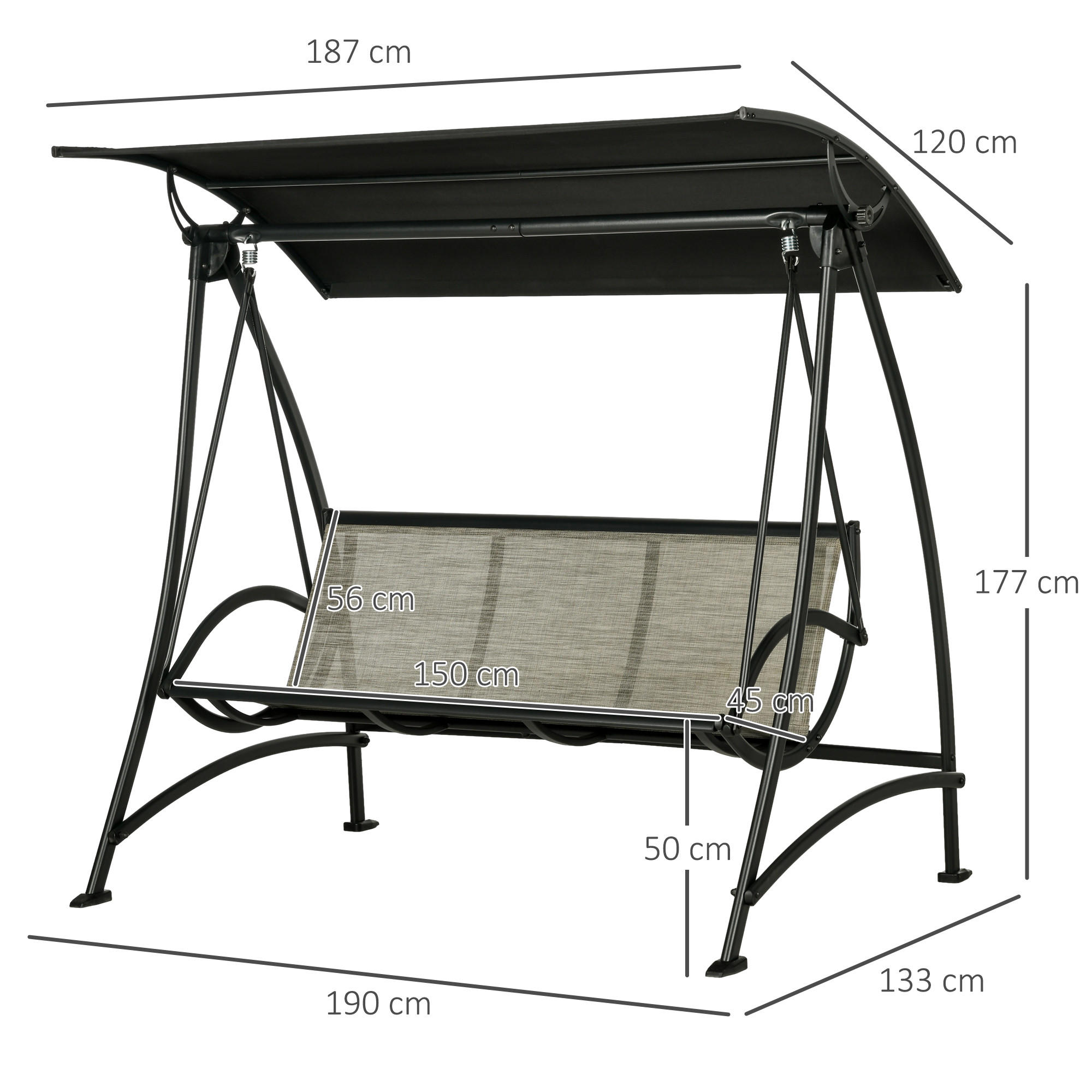 HOLLYWOODSCHAUKEL 3-Sitzer, UV-Schutz, bis 330 kg Belastbar, Texteline, Schwarz - Schwarz, Metall (133/177/190cm) - Outsunny
