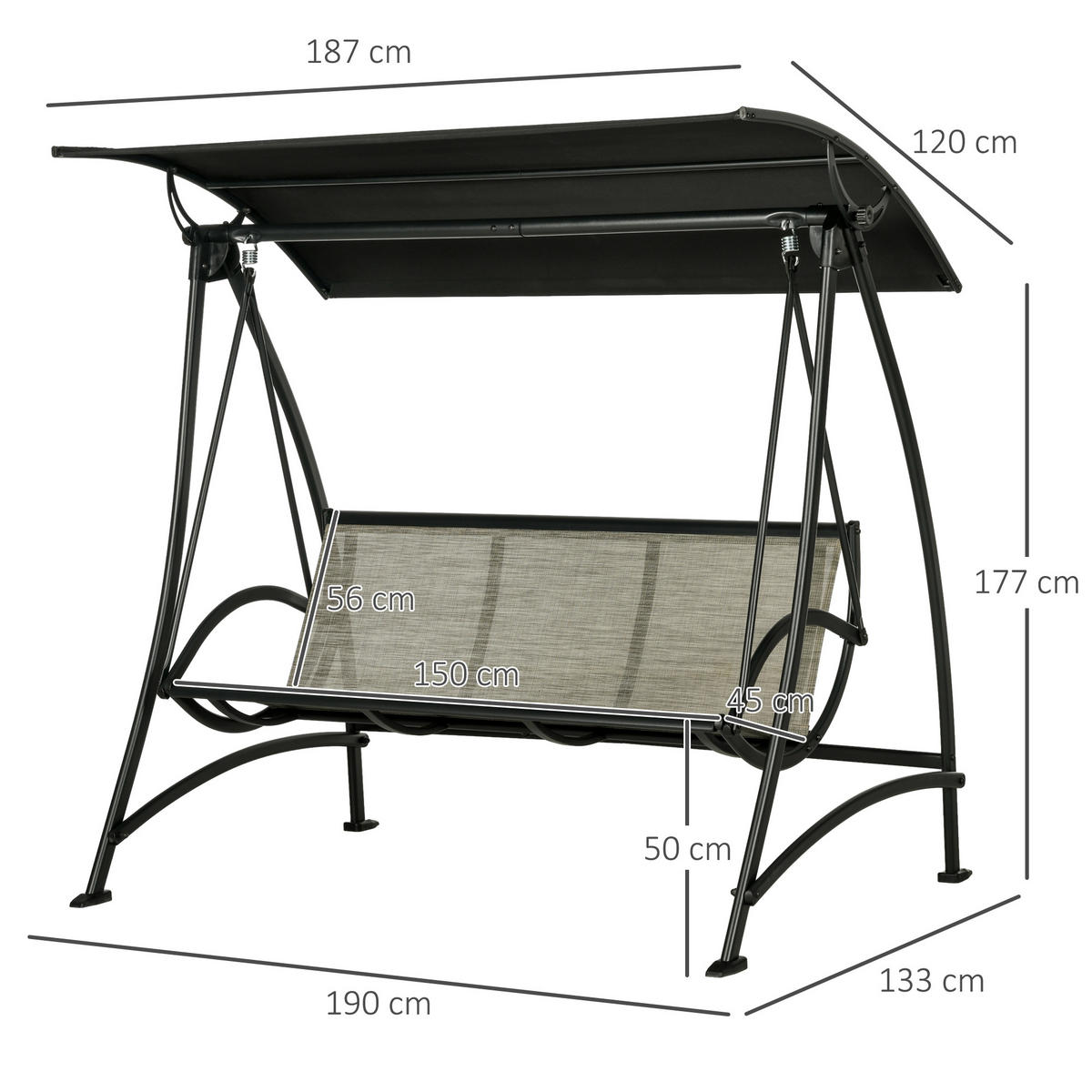 HOLLYWOODSCHAUKEL 3-Sitzer, UV-Schutz, bis 330 kg Belastbar, Texteline, Schwarz - Schwarz, Metall (133/177/190cm) - Outsunny
