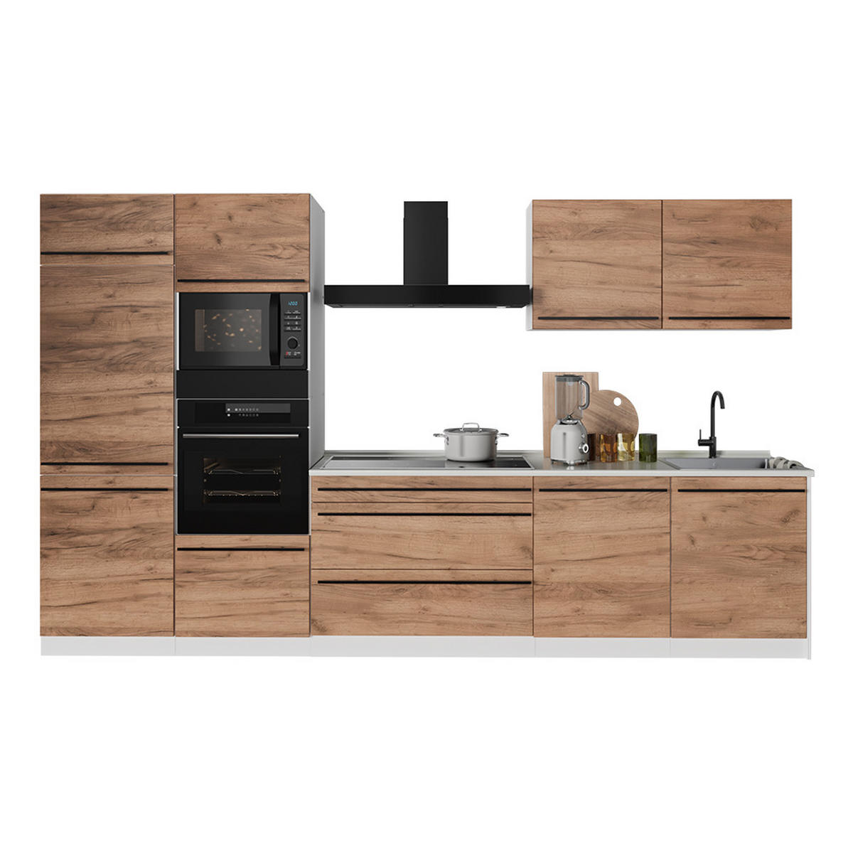 KÜCHENZEILE R-Line, Goldkraft Eiche/Weiß, 340 cm Arbeitsplatte Anthrazit - Honigeiche/Weiß, Holzwerkstoff (340/206.8/60cm) - Vicco