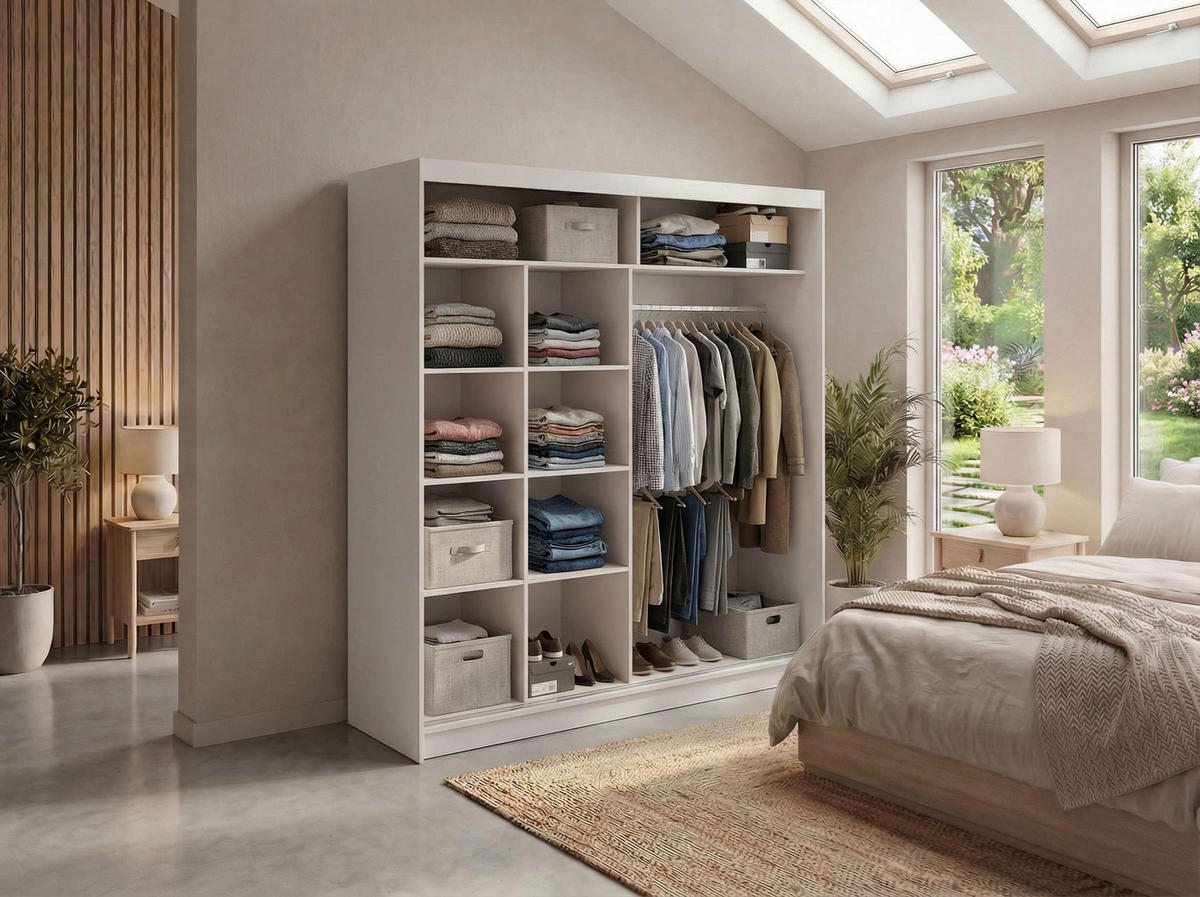 SCHWEBETÜRENSCHRANK mit Spiegel - WALENCJA - 200 - Kaschmir-Grau lacobel - Kaschmir/Alufarben, Holzwerkstoff/Metall (200/216/61cm) - MKS