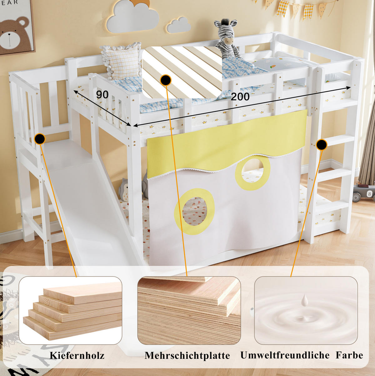 ETAGENBETT 90/200 cm mit Treppe, Rutsche, Bettvorhang und Fallschutz aus Holz, Weiß - Weiß, Holz (90/200cm) - Redom