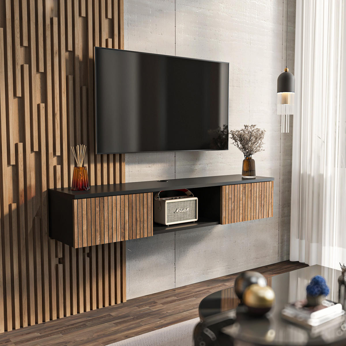 TV Unit Elia Schwarz Ohne Regal - Schwarz, Holzwerkstoff (32/25.6/140cm) - Decorotika