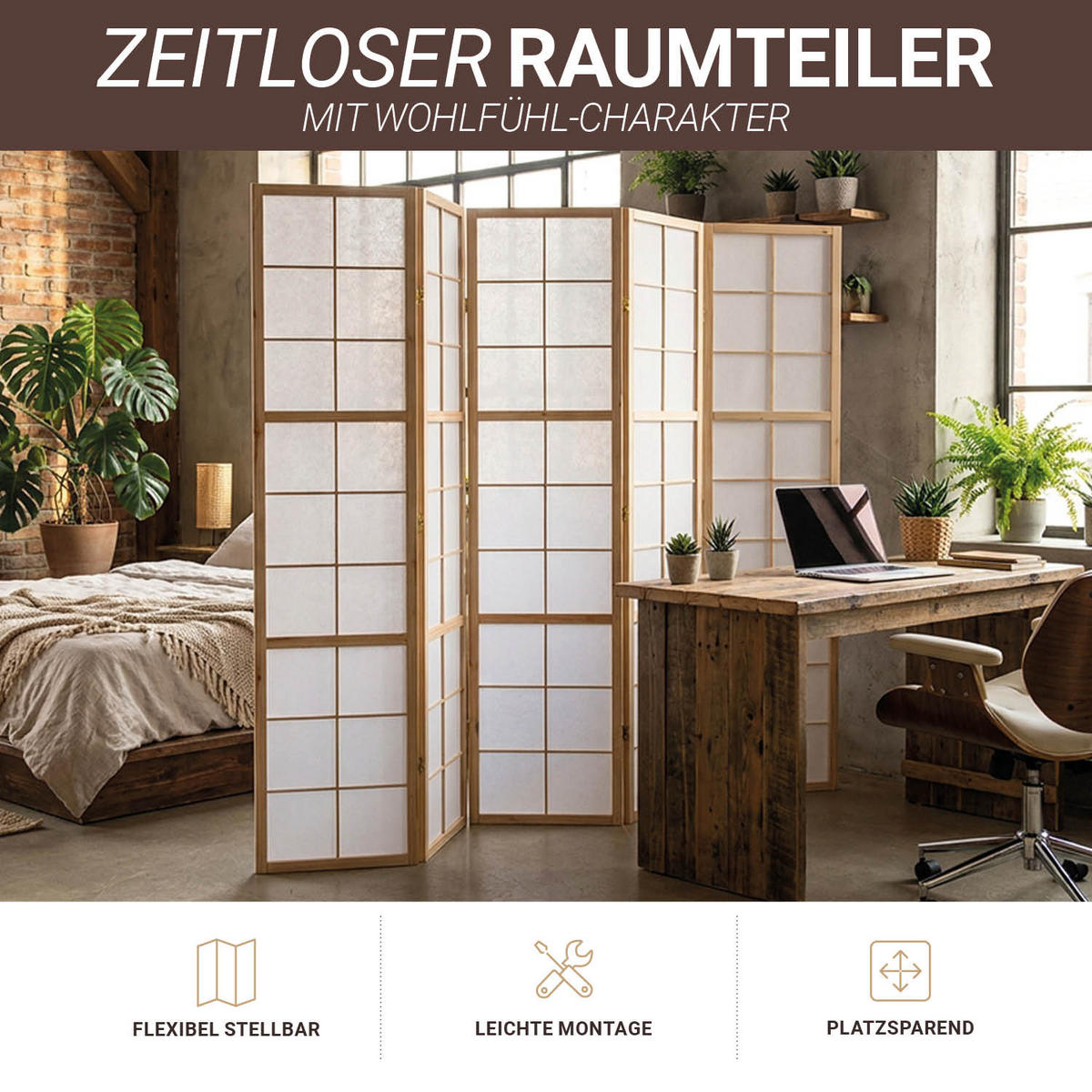 PARAVENT 5-tlg. 220/175 cm Braun Shoji - Braun, Holz (220/175/2cm) - Homestyle4u