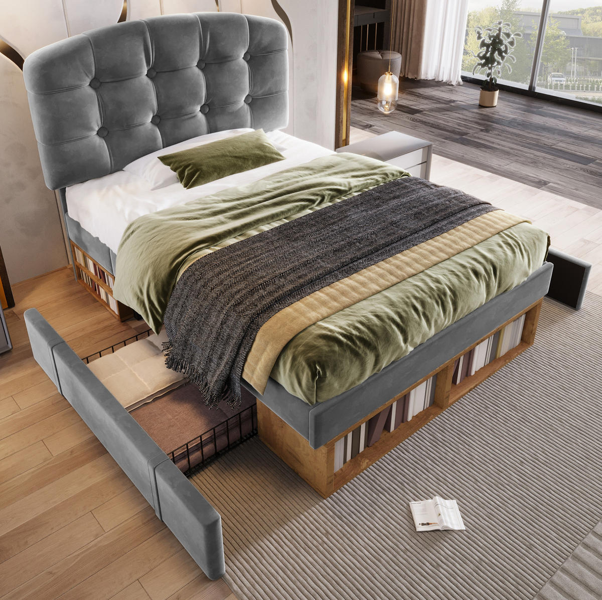 POLSTERBETT 90/200 cm mit höhenverstellbarem Kopfteil, Schubladen und Stauraum, Grau - Grau, Textil (90/200cm) - Redom