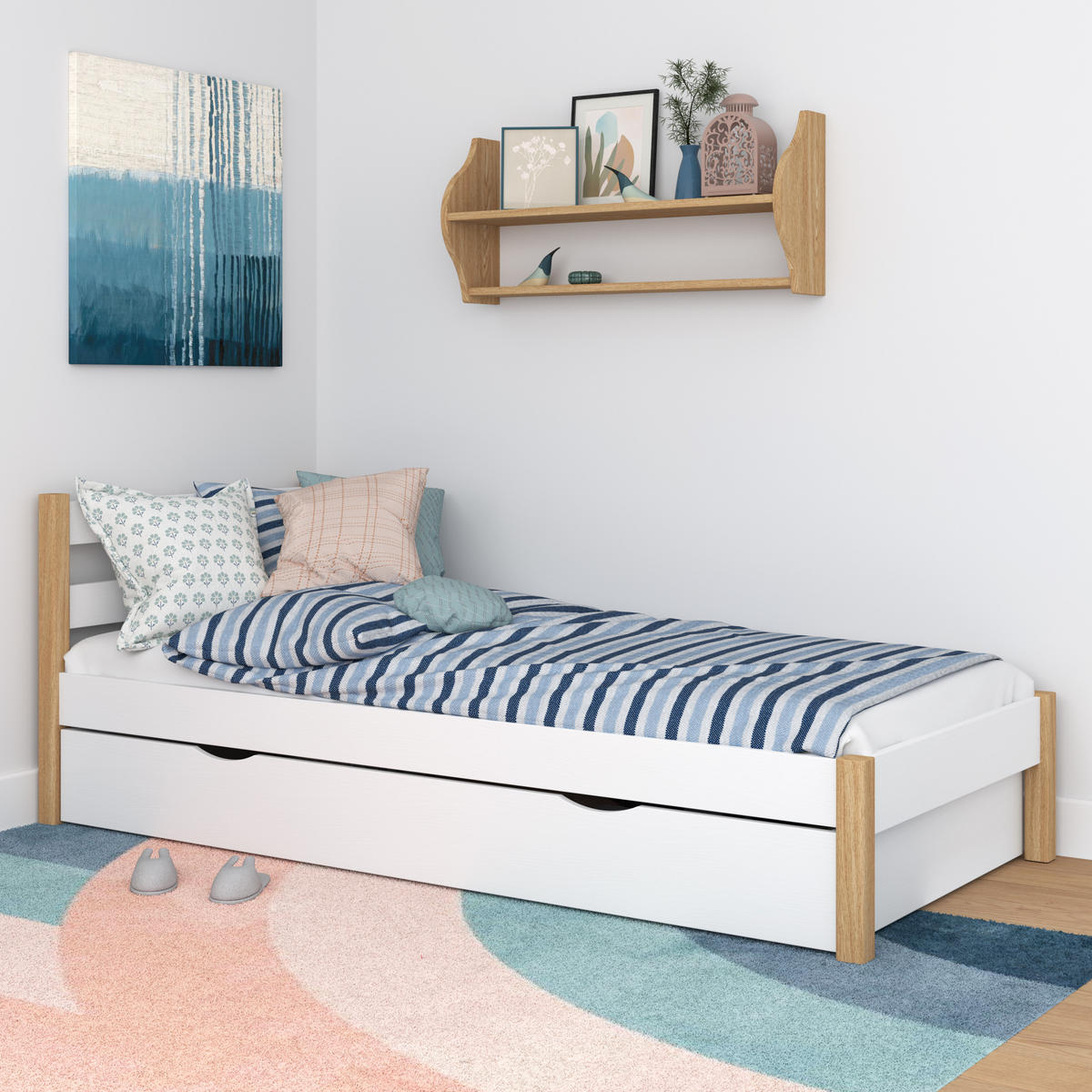 BETT mit Schublade N01 Weiß / Eiche Natur 120/200 - Eiche Artisan/Weiß, Naturmaterialien/Holz (120/200cm) - N-Wood