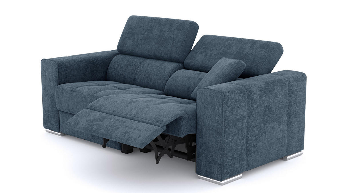 SOFA QUARTZ 3-Sitzer mit 1 Relaxfunktion, blau - Blau/Silberfarben, Holzwerkstoff/Textil (204/80/102cm) - Courtois Laville