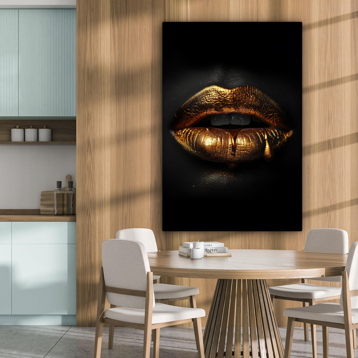 LEINWANDBILD Frau - Porträt - Lippen - Gold - Schwarz 90x140 cm - Schwarz, Textil (90/140cm) - MuchoWow