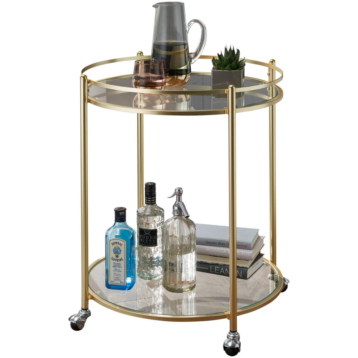 SERVIERWAGEN – Gold, Sicherheitsglas, auf Rollen - Goldfarben, Glas/Metall (57/75/57cm) - KADIMA DESIGN