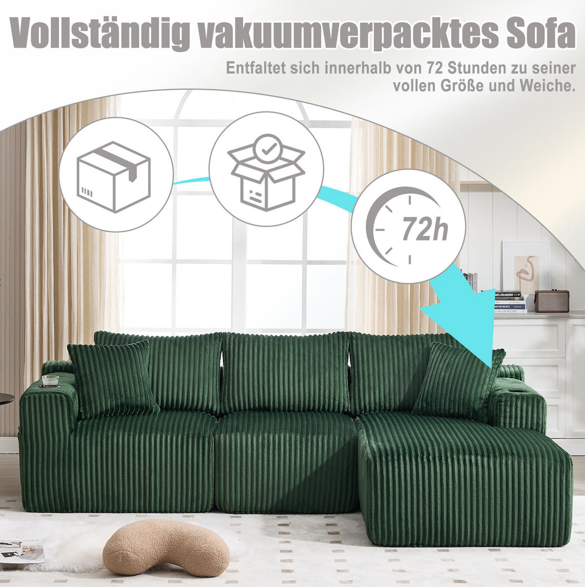 ECKSOFA 257/90-160/62 cm smaragdgrün aus Cord mit Cupholdern - Smaragdgrün, Textil (160/257cm) - OKWISH