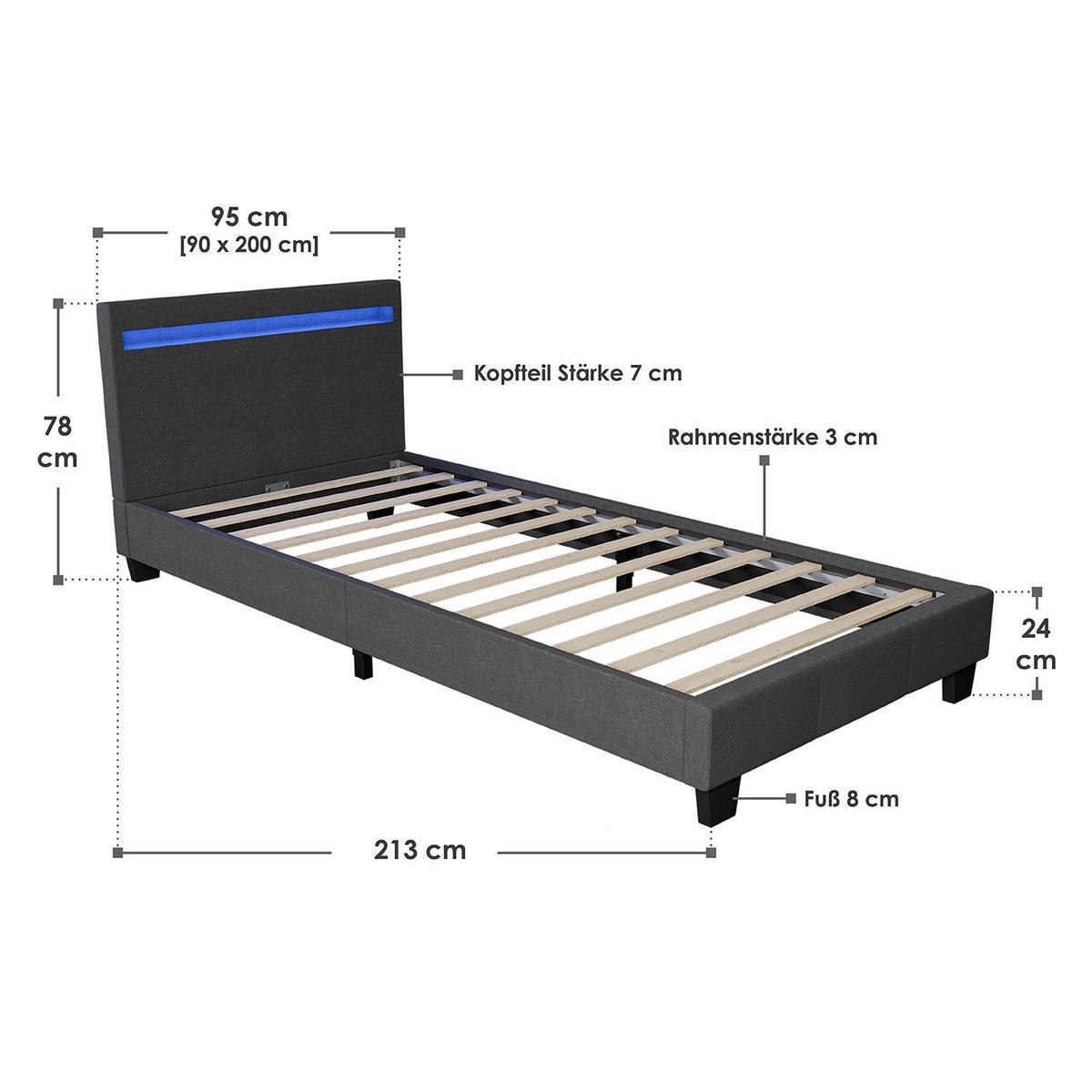 POLSTERBETT Verona mit LED dunkelgrau 90x200cm - Dunkelgrau, Holz (90/200cm) - Juskys