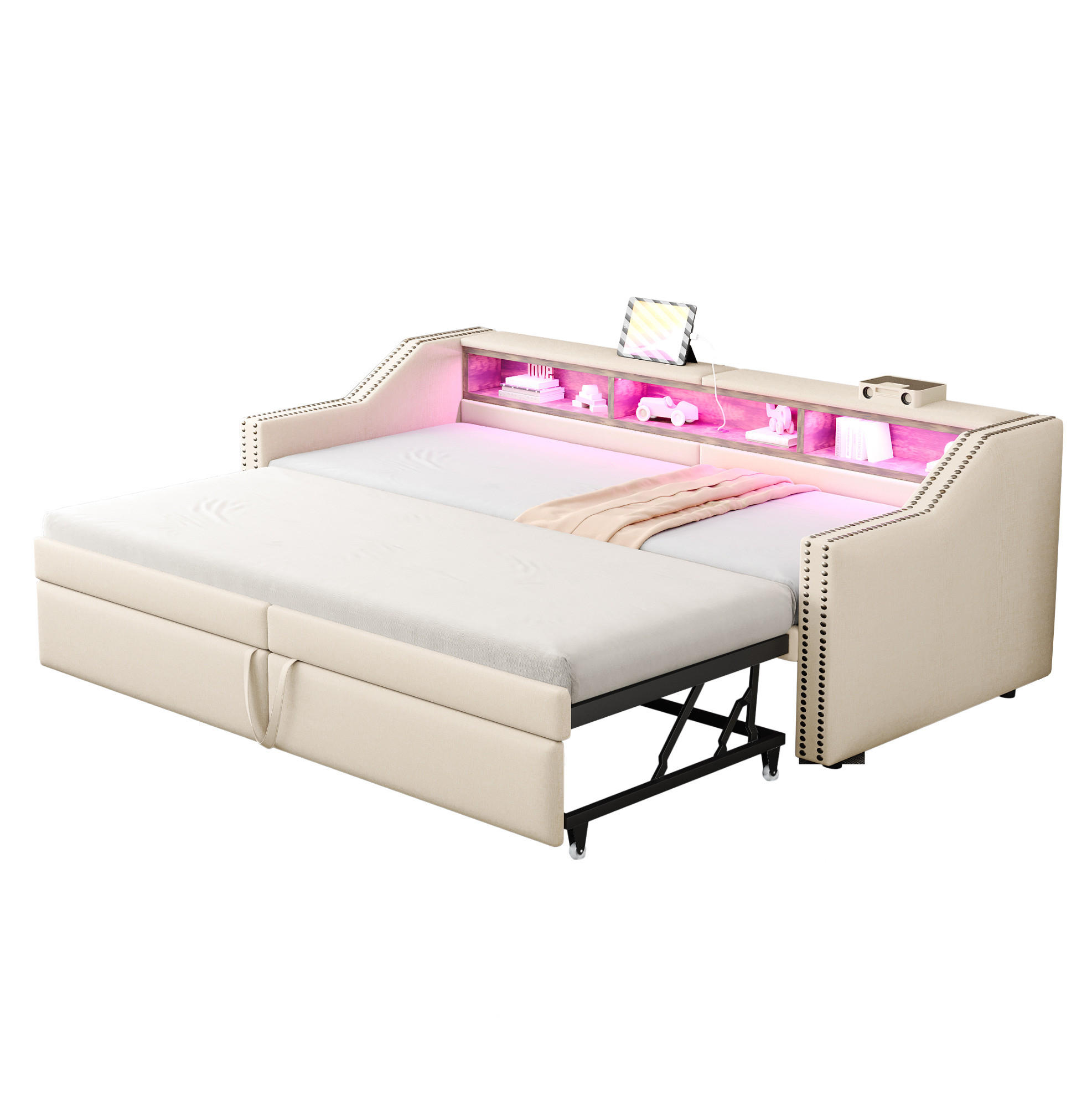 BETT 90/180x200 cm in Beige – ausziehbar, inkl. Lattenrost und USB - Beige, Textil (90/200cm) - BEAOK