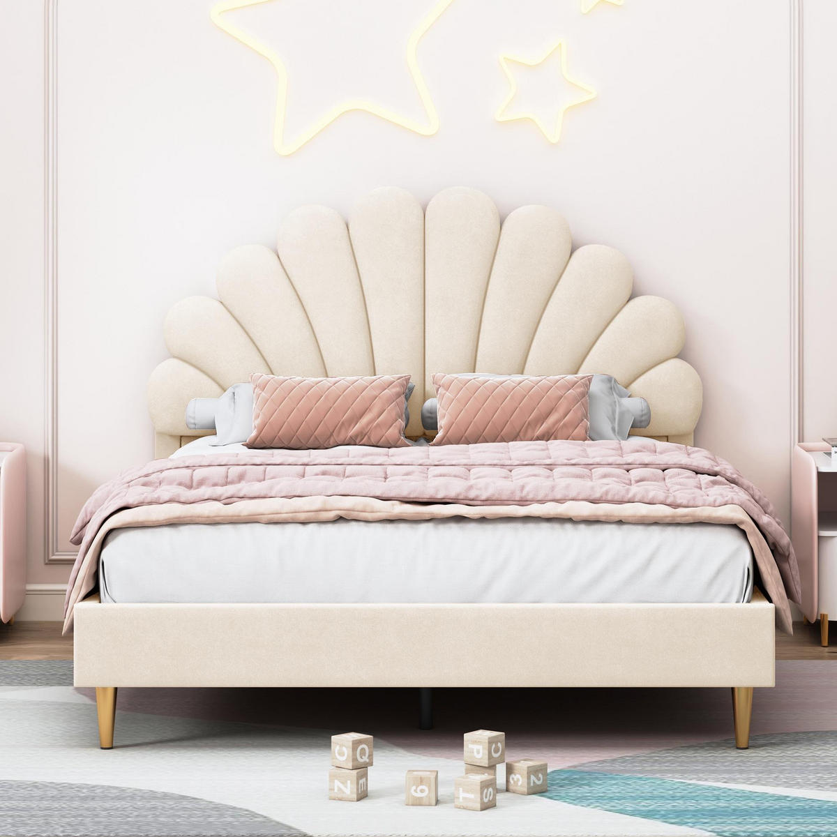 POLSTERBETT 140/200 cm, mit blumenförmigem Kopfteil, Lattenrost, GepolstertesBett aus Samt, Beige - Beige, Holzwerkstoff (140/200cm) - Brevoria