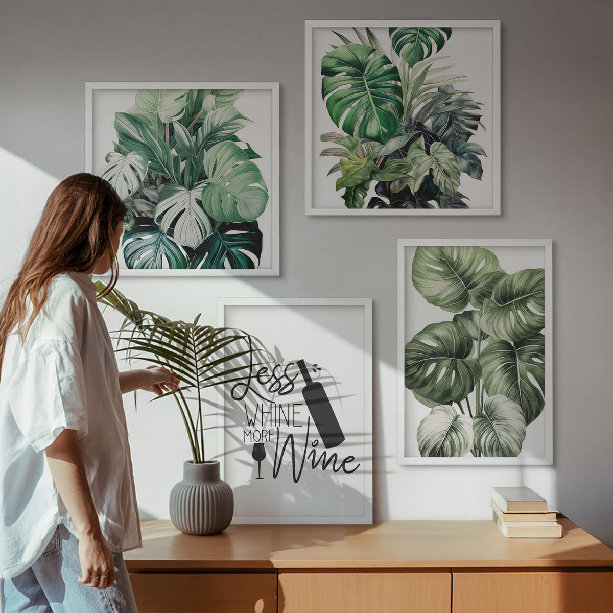 BILDER SET 4er Set - 50x50 cm & 40x60 cm Weißer Rahmen - Grüne Weinblätter - Weiß, Kunststoff (50/50cm) - TULUP