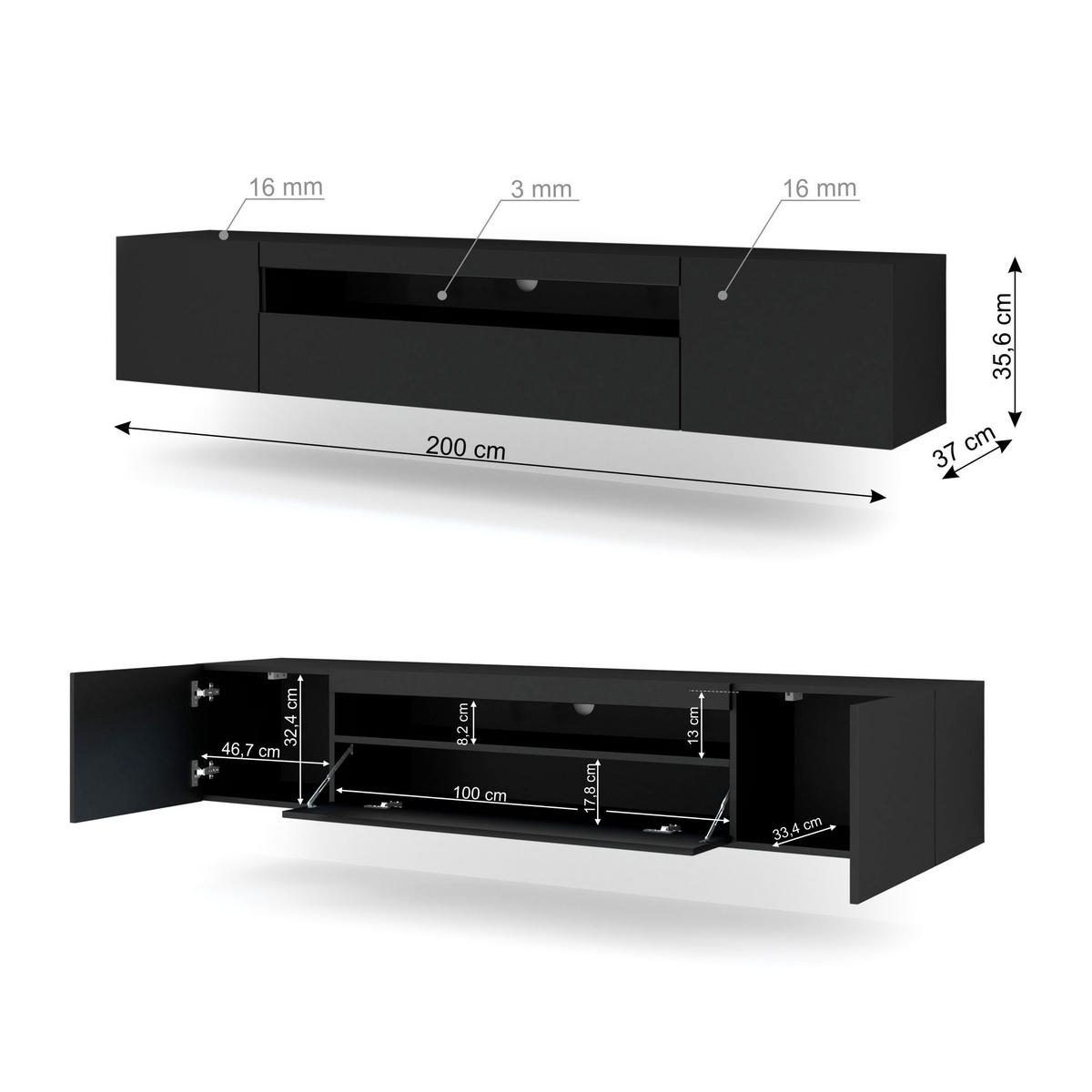 TV LOWBOARD Schwarz 200/42/37 - Schwarz, Holzwerkstoff (200/42/37cm) - RAUMHIRSCH FURNITURE