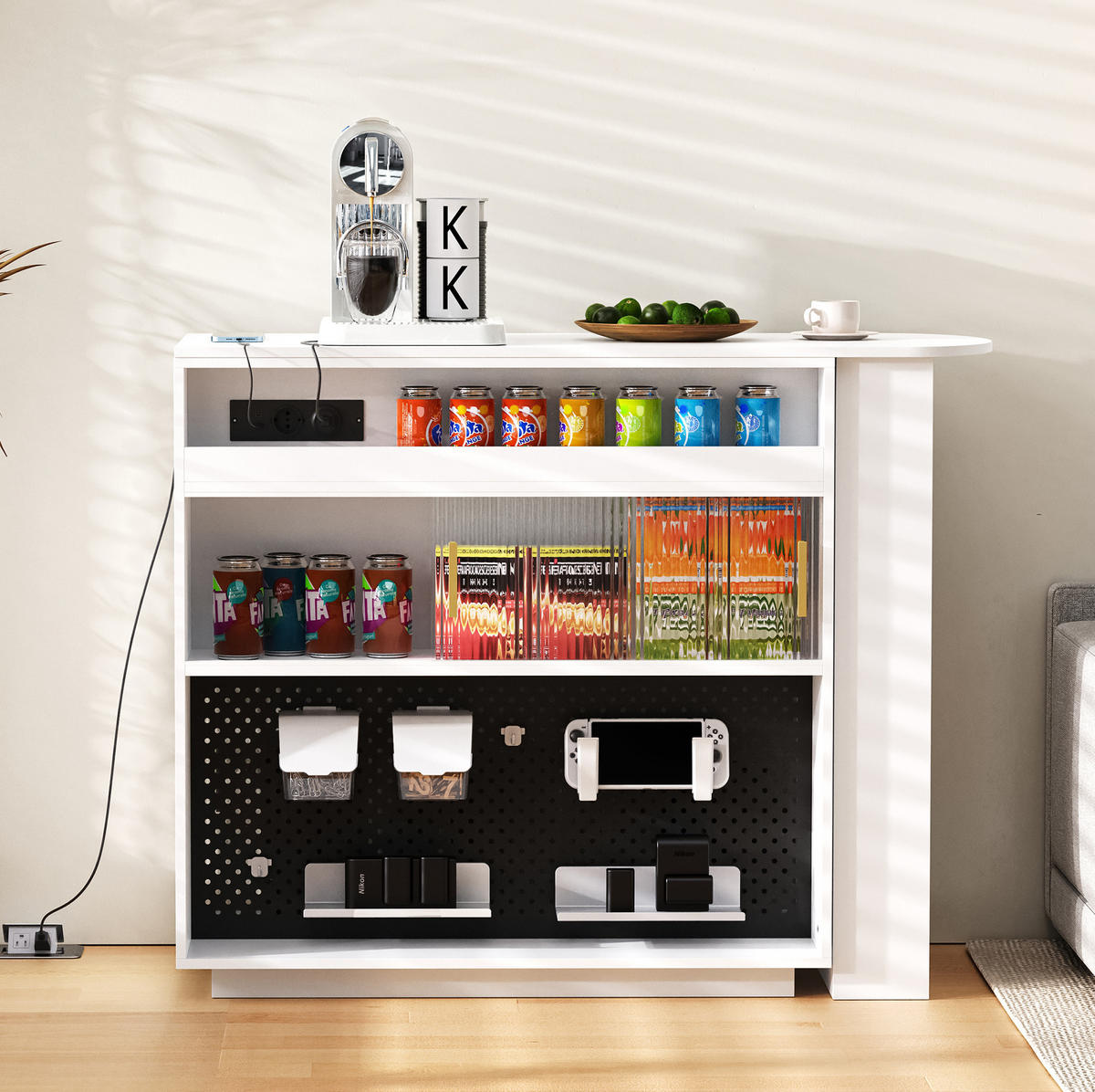 BAROVÝ stolek 120/50/95,5 cm z MDF s LED osvětlením, USB-C a úložným prostorem, Bílá - bílá, kompozitní dřevo (50/120/95.5cm) - Redom