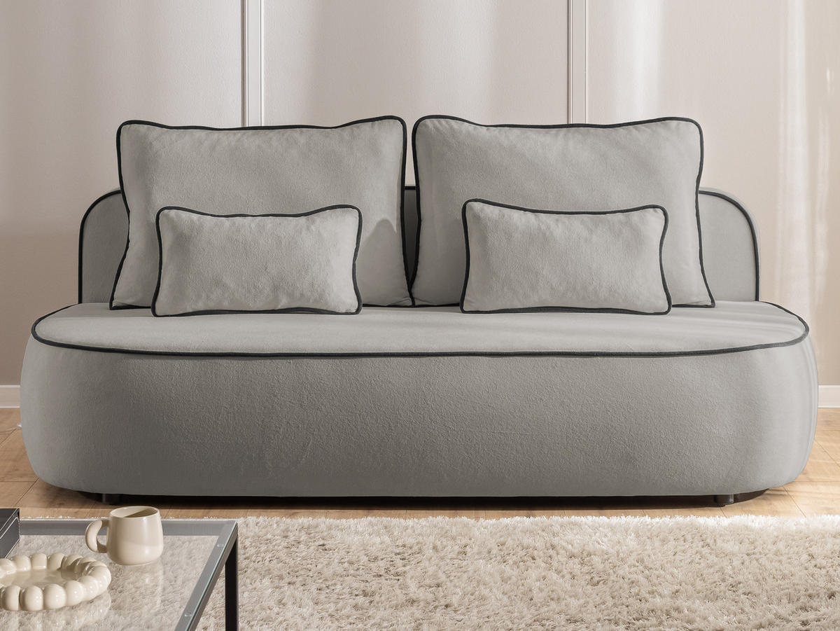 KINDERSOFA Vero im modernen und abgerundeten Design mit Schlaffunktion und Bettkasten aus Grau Plüschstoff mit schwarzer Paspel - Schwarz/Grau, Holz/Kunststoff (210/90/98cm) - S-Style Möbel