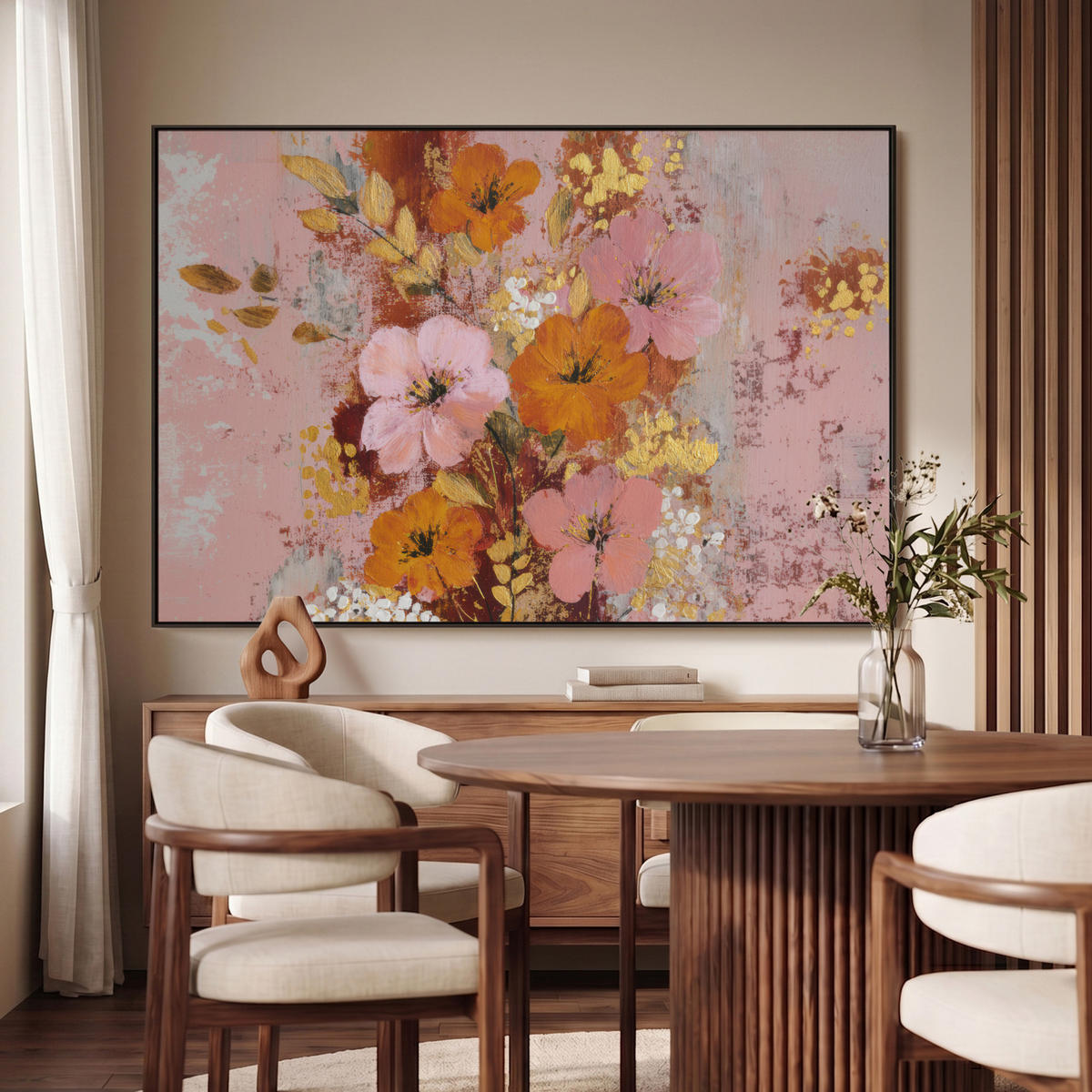LEINWAND Bilder mit Rahmen - Malerei - Blumen - Rustikal - Rosa - 120x80 - Altrosa, Textil (120/80cm) - MuchoWow