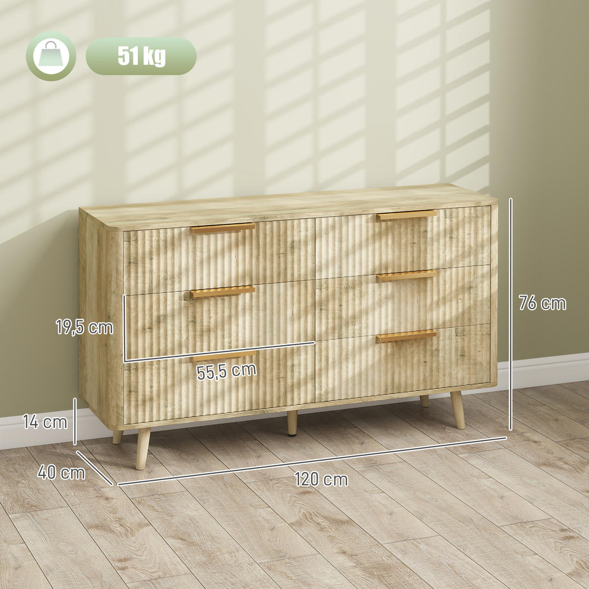 KOMOODE DE-12884 6 Schubladen, skandinavisch Eiche - Eichefarben, Holzwerkstoff (120/76/40cm) - ComfortXL