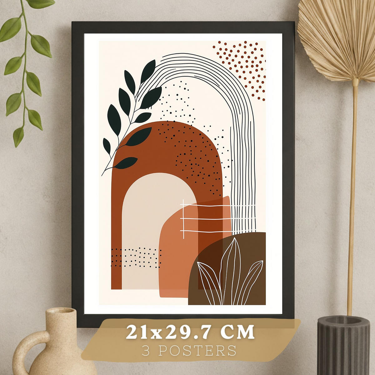PLAKAT Sada 3 Tvary a rostliny A3 Černý rám - černá, papír (29.7/1/42cm) - Nacnic