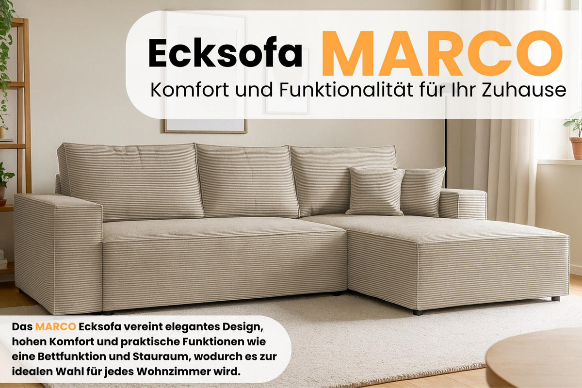 ECKSOFA MARCO 294/185 in Cord Beige mit Schlaffunktion rechts - Beige, Holz/Holzwerkstoff (294/185cm) - Deine Möbel 24
