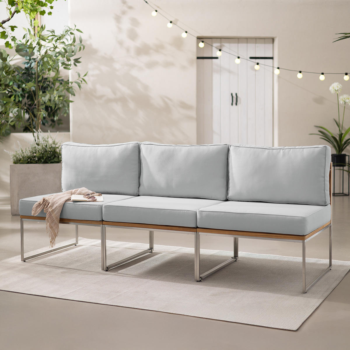 LOUNGESOFA - 3-teilig - Webstoff / Teak massiv - Hellgrau, Holz/Textil (210/74/70cm) - home24