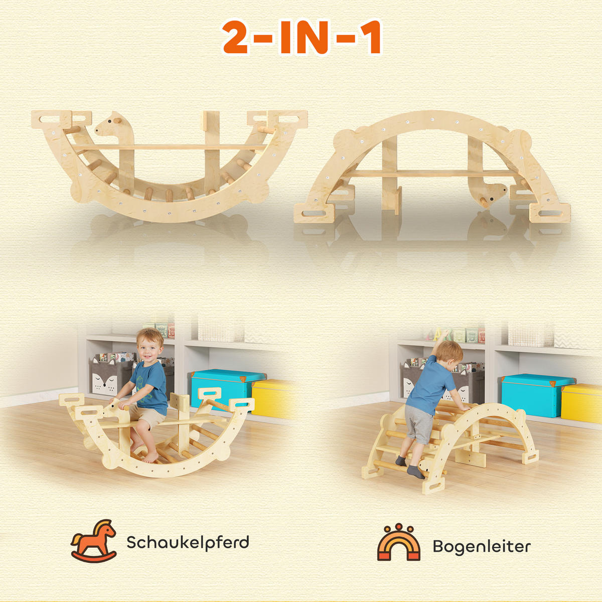 MONTESSORI-KLETTERGERÜST Indoor 2 in 1 aus Holz - Naturfarben, Holz (52/45/110cm) - AIYAPLAY