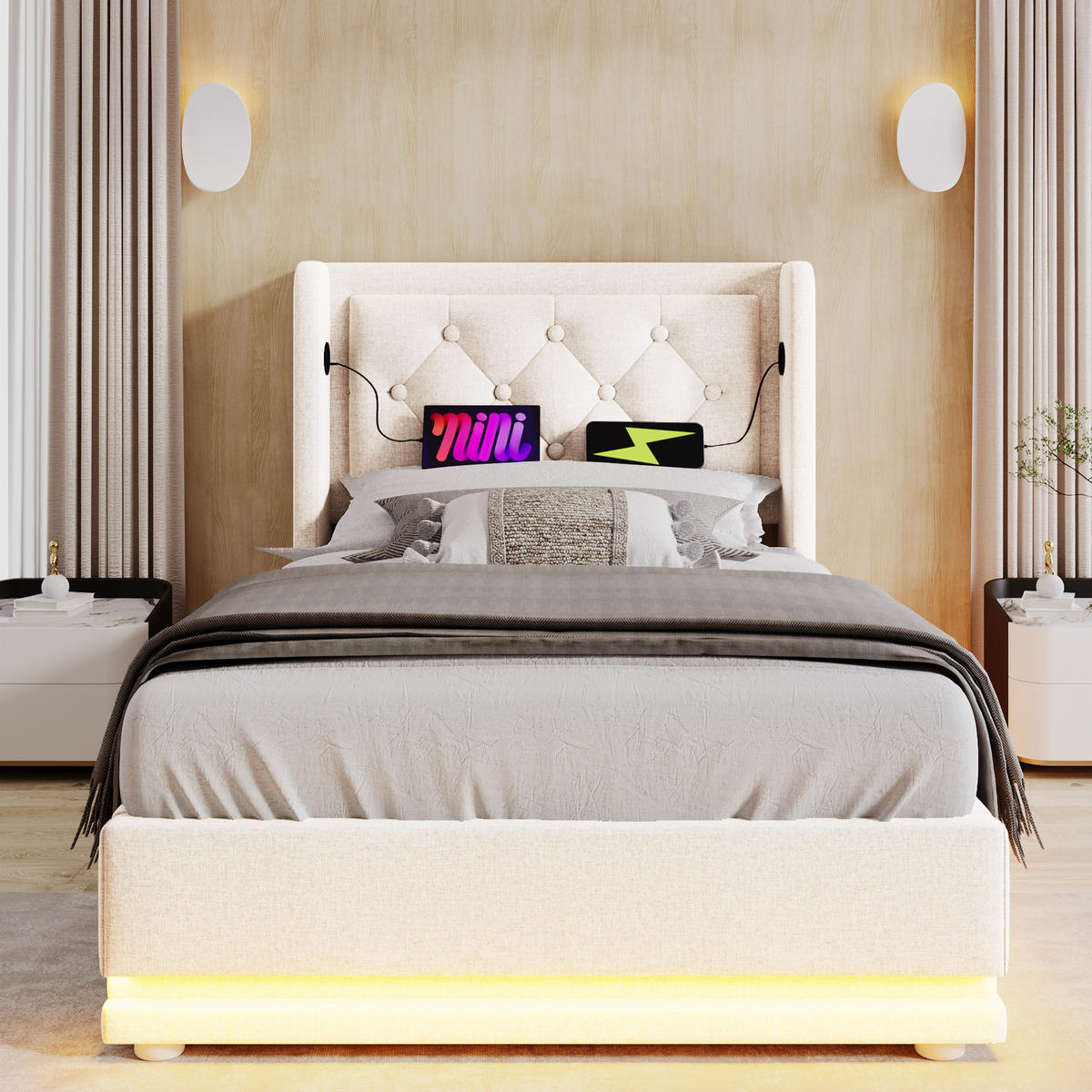 POLSTERBETT 90/200 cm in Beige mit Bettkasten, LED und USB Stoff - Beige, Holzwerkstoff/Textil (90/200cm) - STILVORA