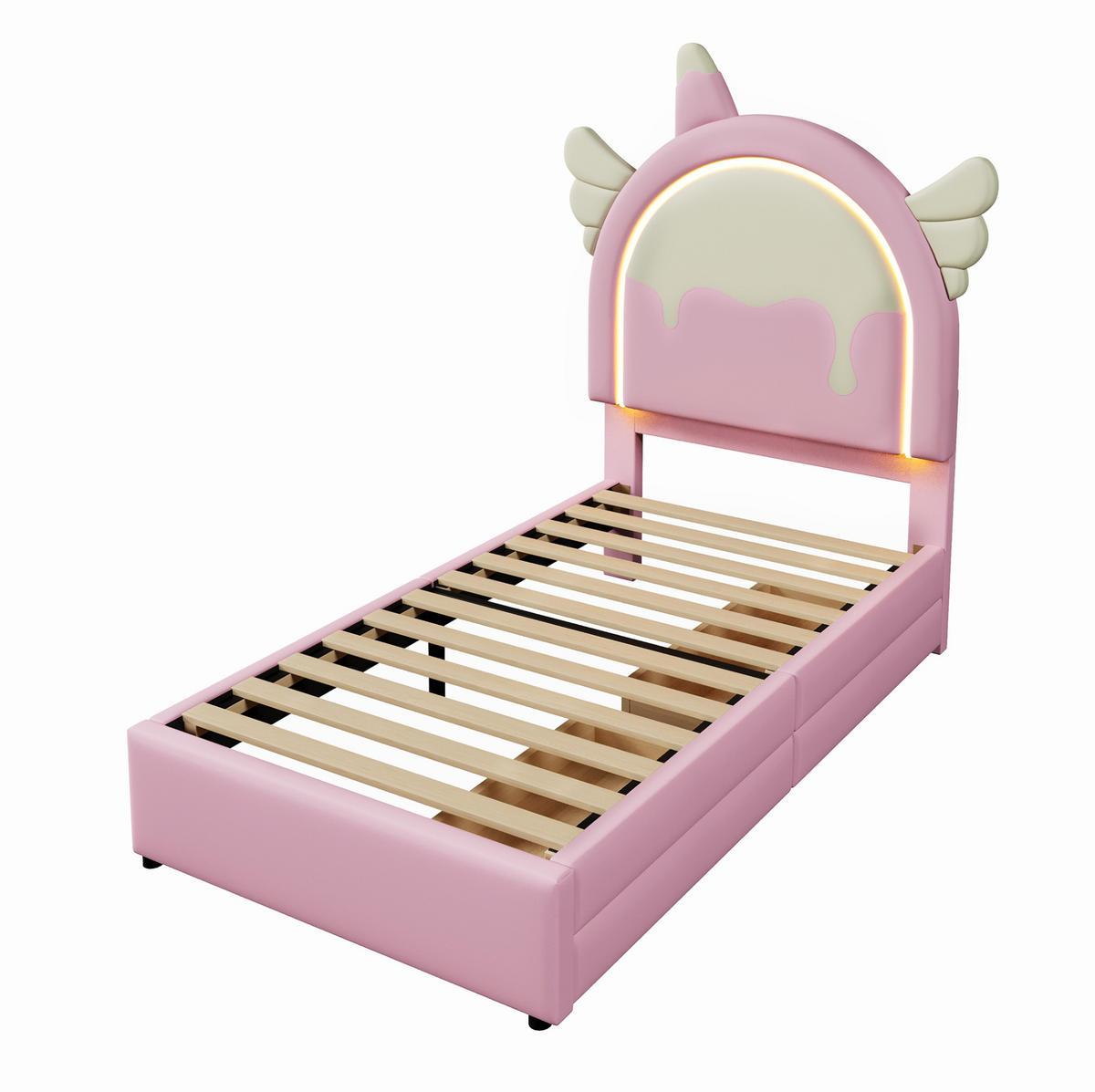 POLSTERBETT 90/200 cm mit LED-Leuchtleiste, 2 Schubladen und Einhorn-Design, Rosa - Rosa, Kunststoff (90/200cm) - Redom