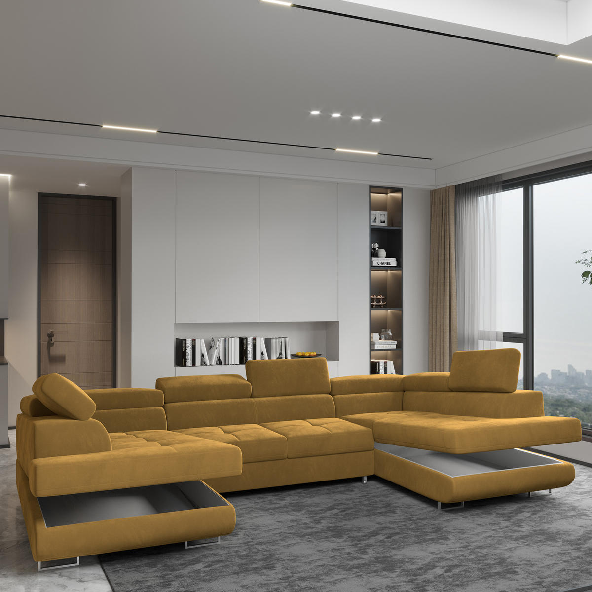 WOHNLANDSCHAFT RAGGIO Gelb Velours-Stoff mit Schlaffunktion - Gelb, Holz (336/90/202cm) - MASSENO