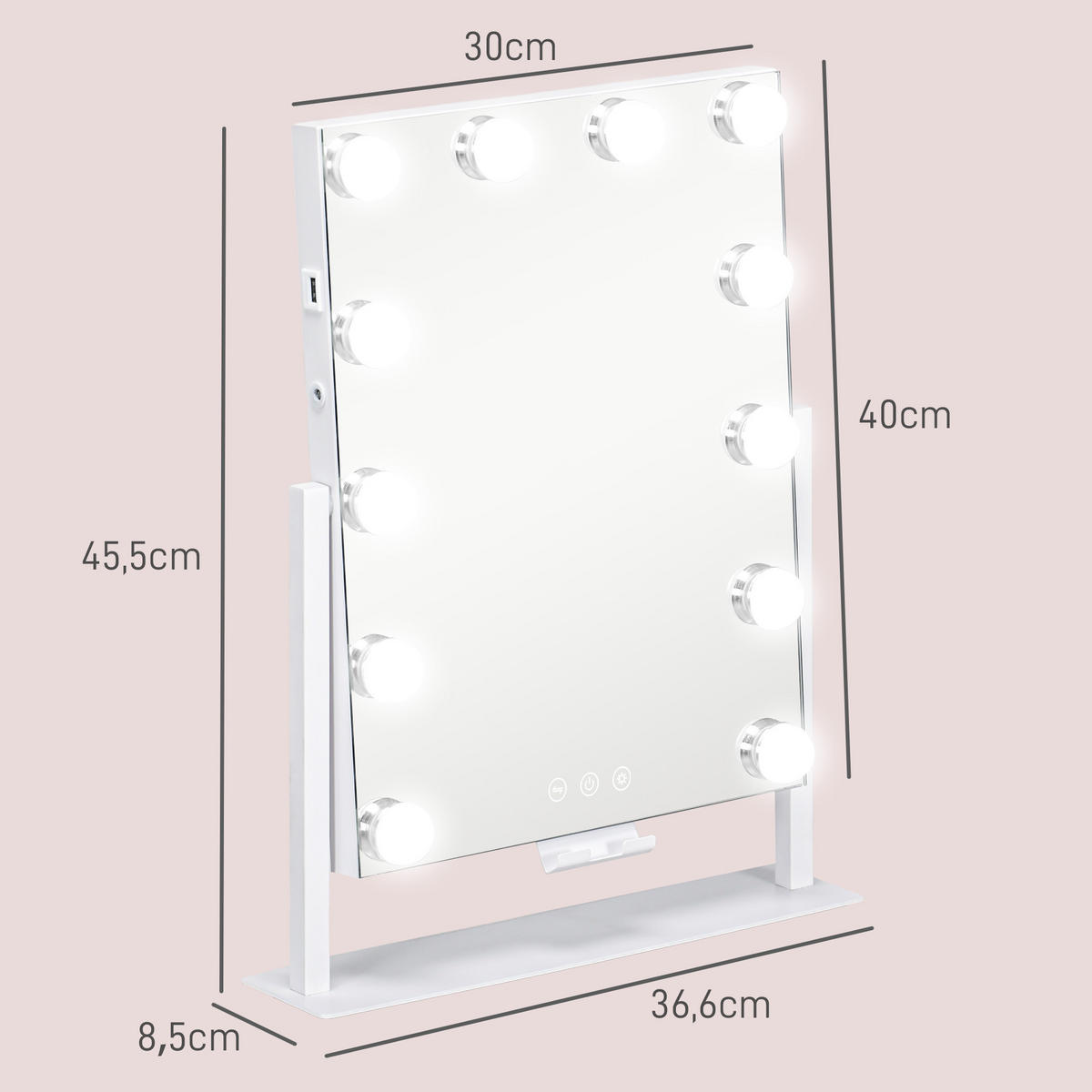 HOLLYWOOD Spiegel mit Beleuchtung, Schminkspiegel mit 12 LED Licht, 3 Lichtfarben - Weiß, Glas (8.5/45.5/36.5cm) - HOMCOM
