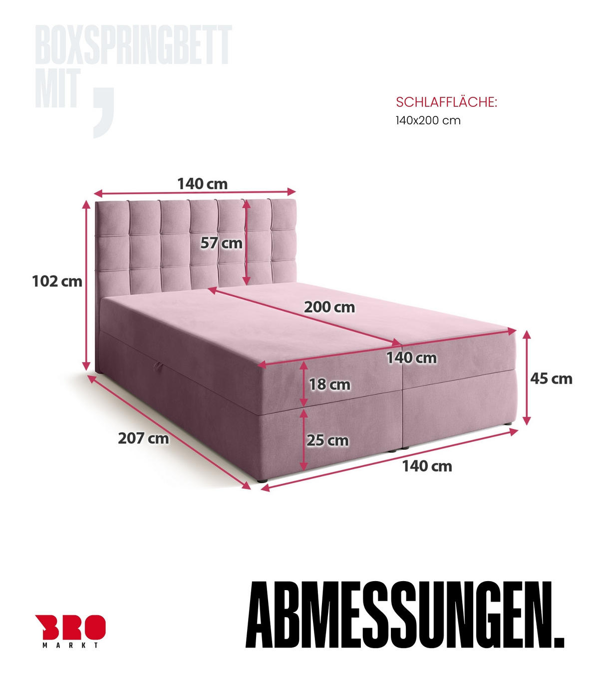 BOXBETT Detroit mit Topper 140/200 Rosa - Rosa, Holzwerkstoff/Textil (140/200cm) - Bromarkt