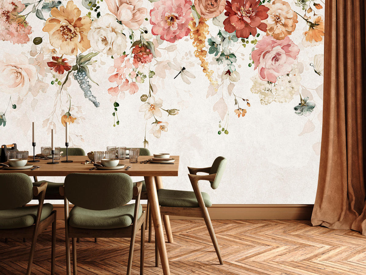 FOTOTAPETE für Esszimmer Aquarellblumen Blätter Pflanzen Pfingstrosen Rosen 500x350 - Multicolor, Papier (500/350cm) - Muralo