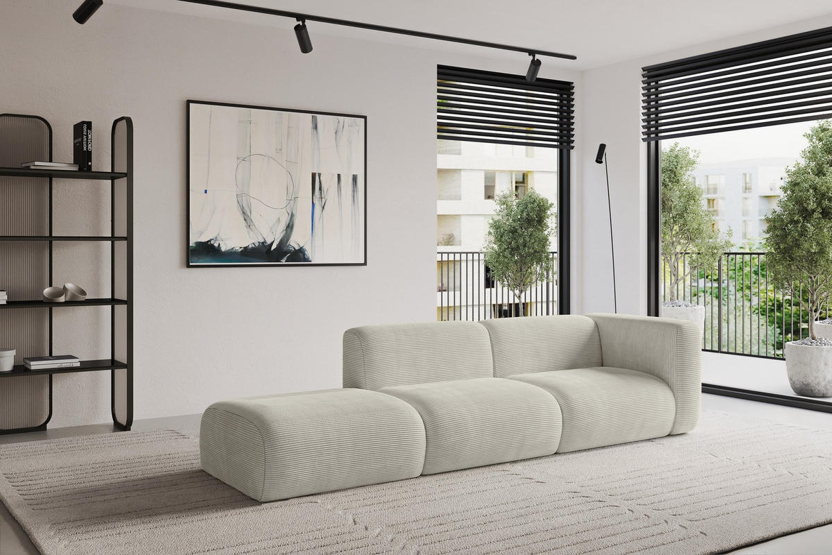 SOFA Ottomane Rechts MIRA-S3 296x89x70 Creme Cord - Ecru/Creme, Holzwerkstoff/Kunststoff (296/70/89cm) - ALTDECOR