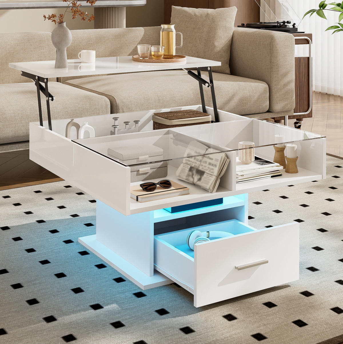 COUCHTISCH höhenverstellbar 78x78 cm Weiß mit LED und Stauraum - Weiß, Holzwerkstoff (78/78/45cm) - Meubliv