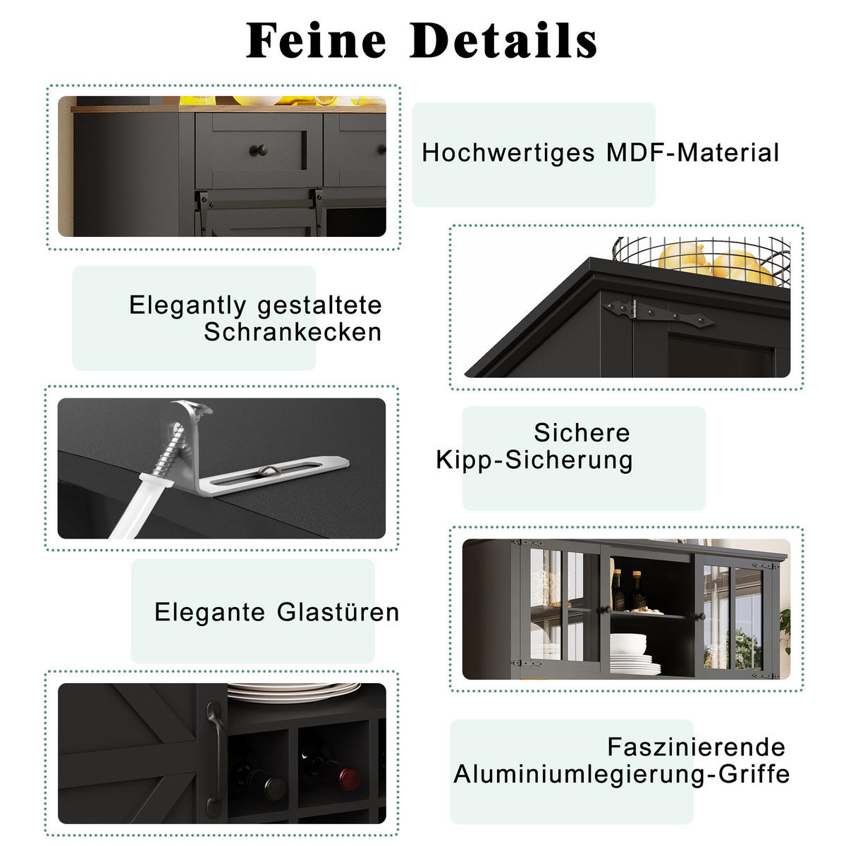 KÜCHENSCHRANK in Schwarz mit LED,verstellbaren Ablagen und Schubladen für Wohnzimmer,B105/T38.4/H180cm - Transparent/Schwarz, Glas/Holzwerkstoff (105/180/40cm) - STILVORA