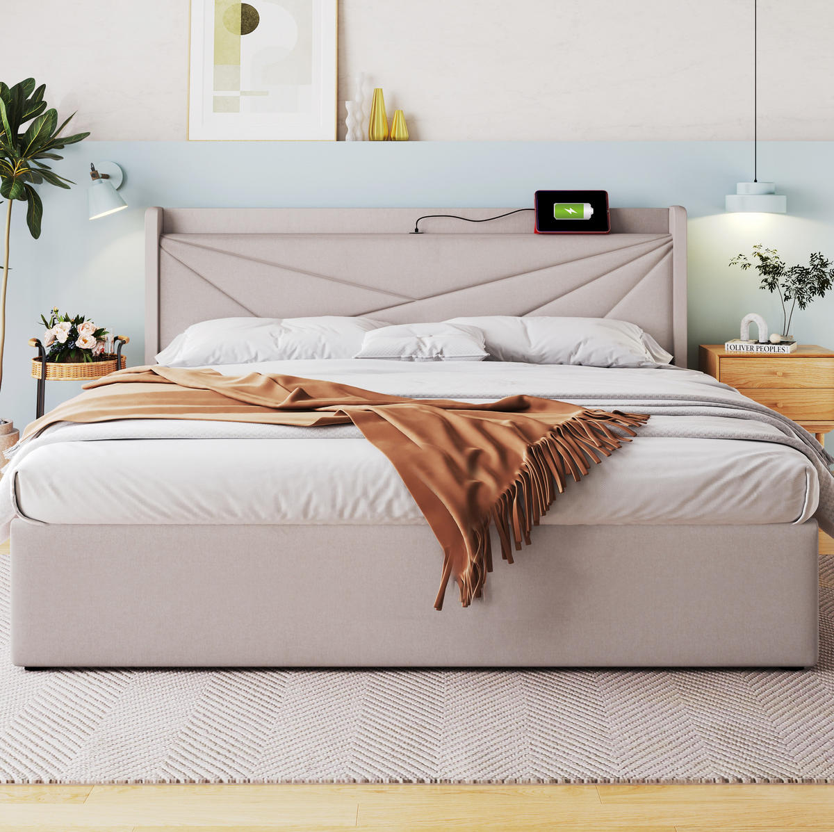 BETT mit Bettkasten und USB 140x200 cm Beige mit Matratze - Beige, Metall (140/200cm) - Meubliv
