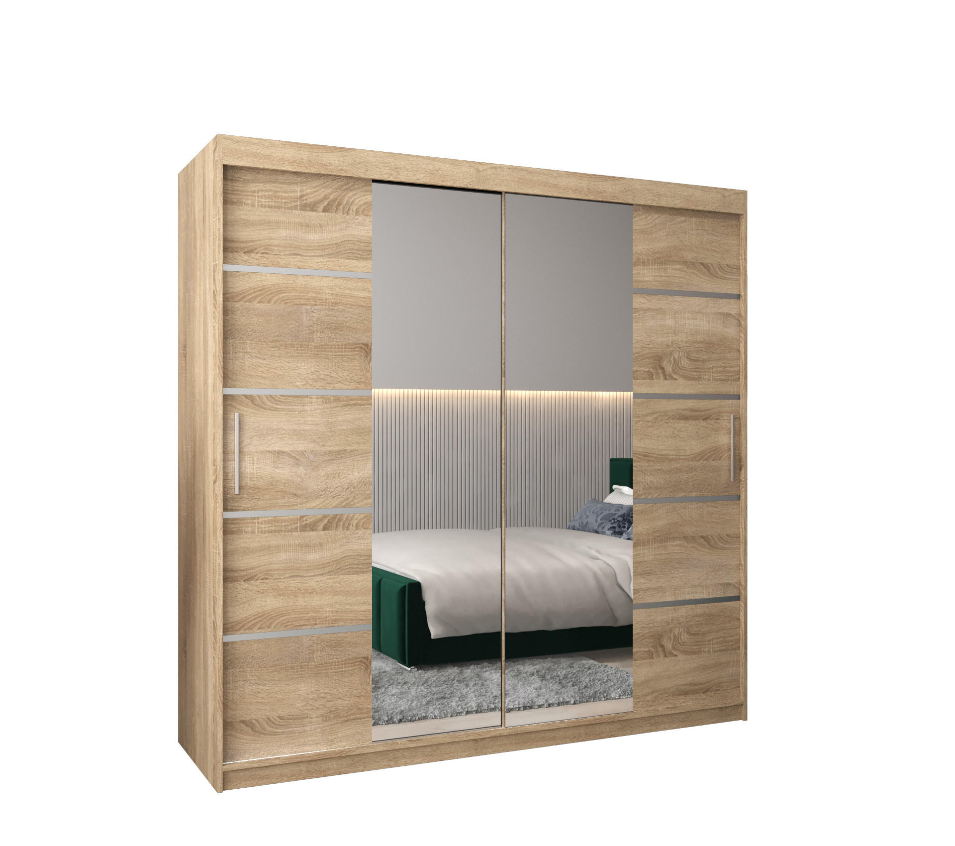 Möbel Kryspol Schwebetürenschrank Sonoma Eiche, Silber 200x200x62 cm