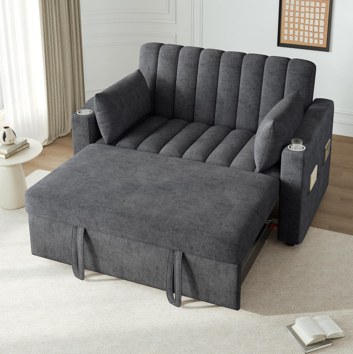 SCHLAFSOFA 2-Sitzer Baumwollstoff mit 3-fach verstellbarer Rückenlehne und Getränkehalter Grau 136/162/84 cm - Grau, Textil (84/136/162cm) - Redom